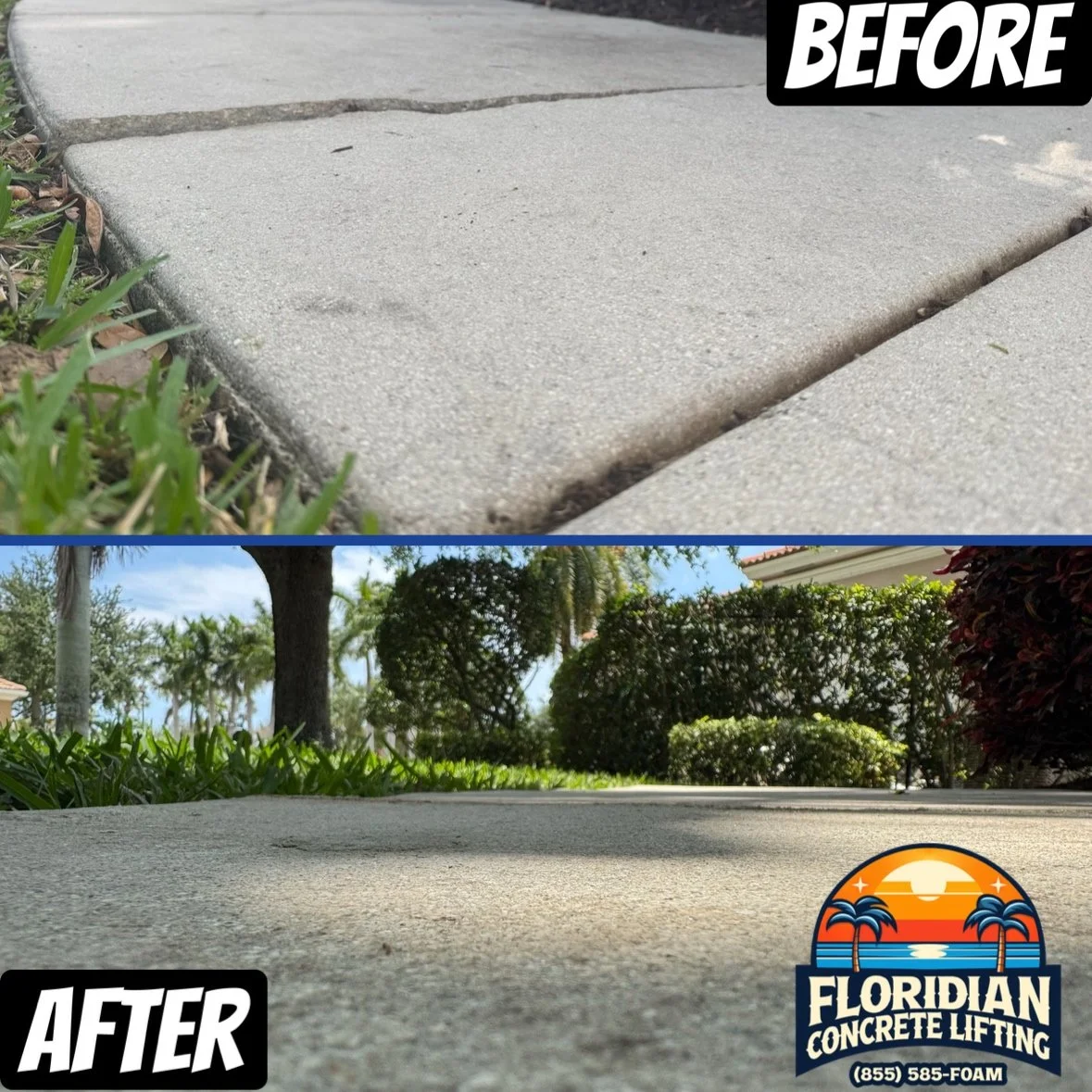 Before and after concrete lifting on a South Florida driveway