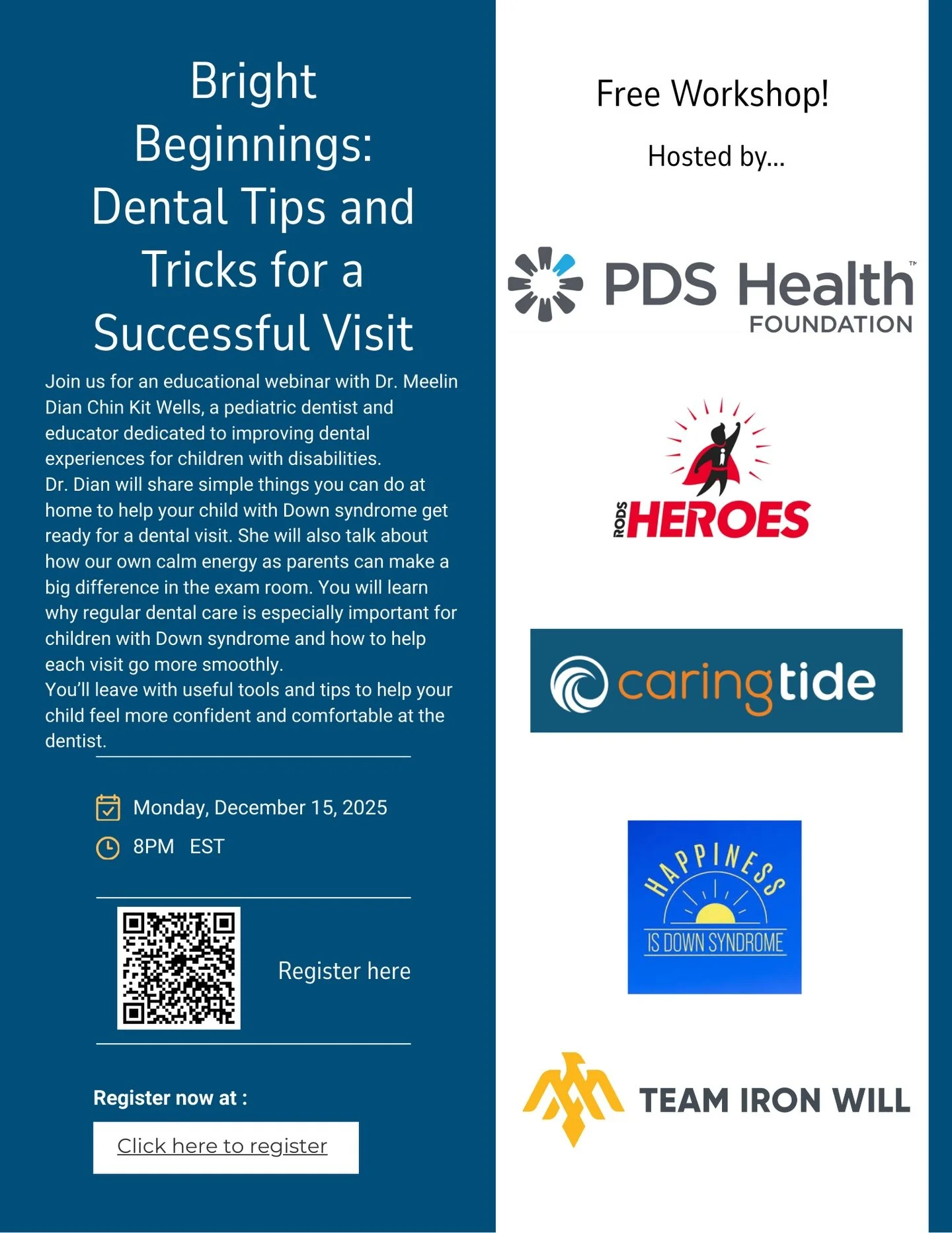 We are excited to announce this FREE webinar with @pdsfoundation in collaboration with @happinessisdownsyndrome , @teamironwill21 , @caringtide and @rodsheroes. We know from experience that navigating the dentist with a child who has a disability is 