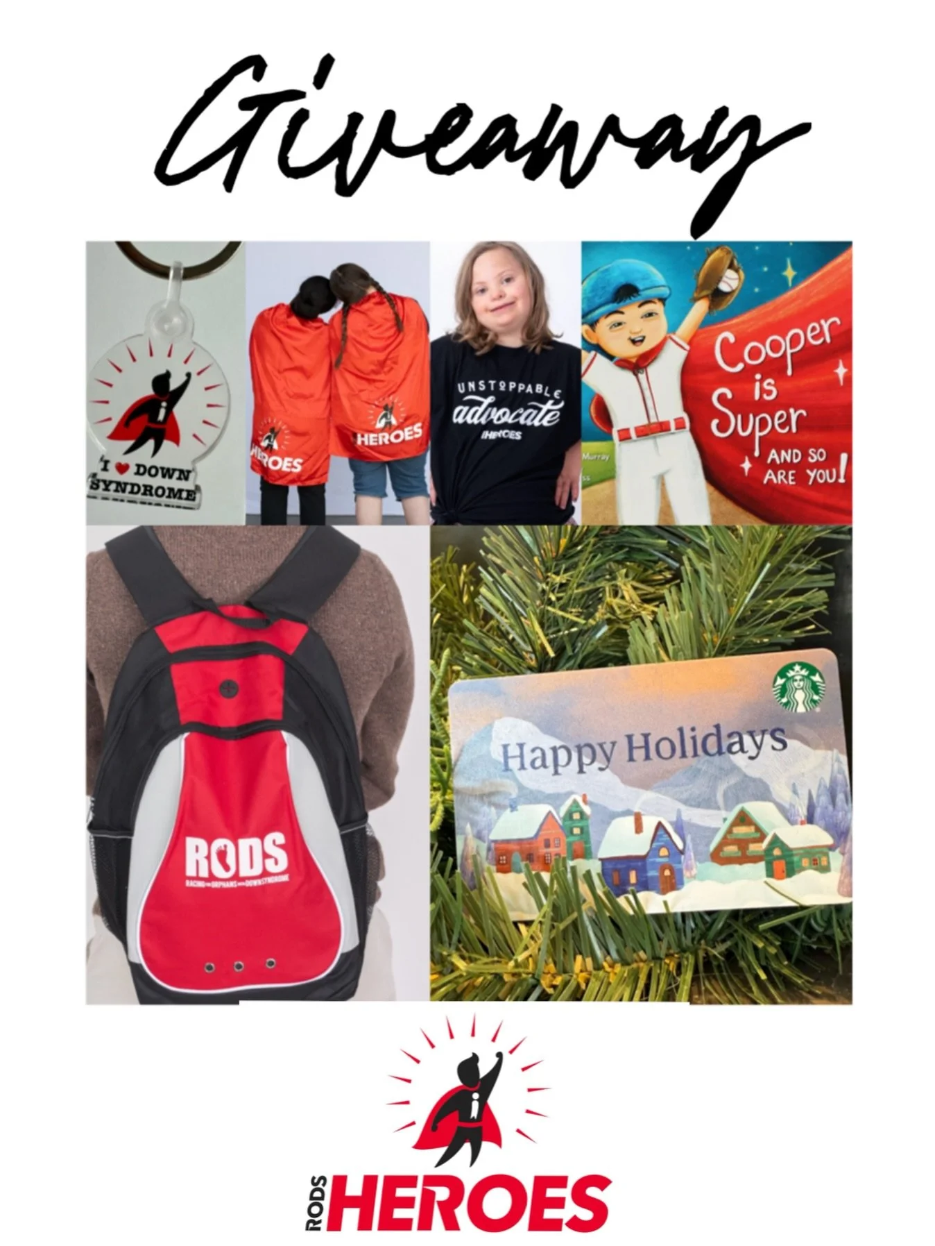 It&rsquo;s a Holiday Giveaway!! The team at RODS Heroes is so thankful for each and every one of you! Here&rsquo;s what one lucky winner will receive-

1) $25 to Starbucks
2) An awesome backpack!
3) An Unstoppable Advocate T-Shirt
4) An &ldquo;I ❤️ D
