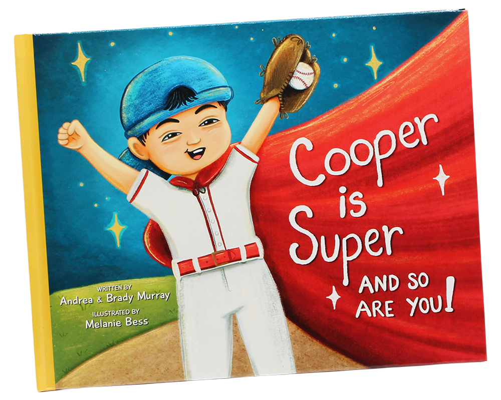 Cover of a children's book titled 'Cooper is Super and So Are You!' featuring a cartoon boy with short black hair, wearing a blue cap, white baseball uniform, red cape, and holding a baseball glove and ball. The background is a starry night sky.