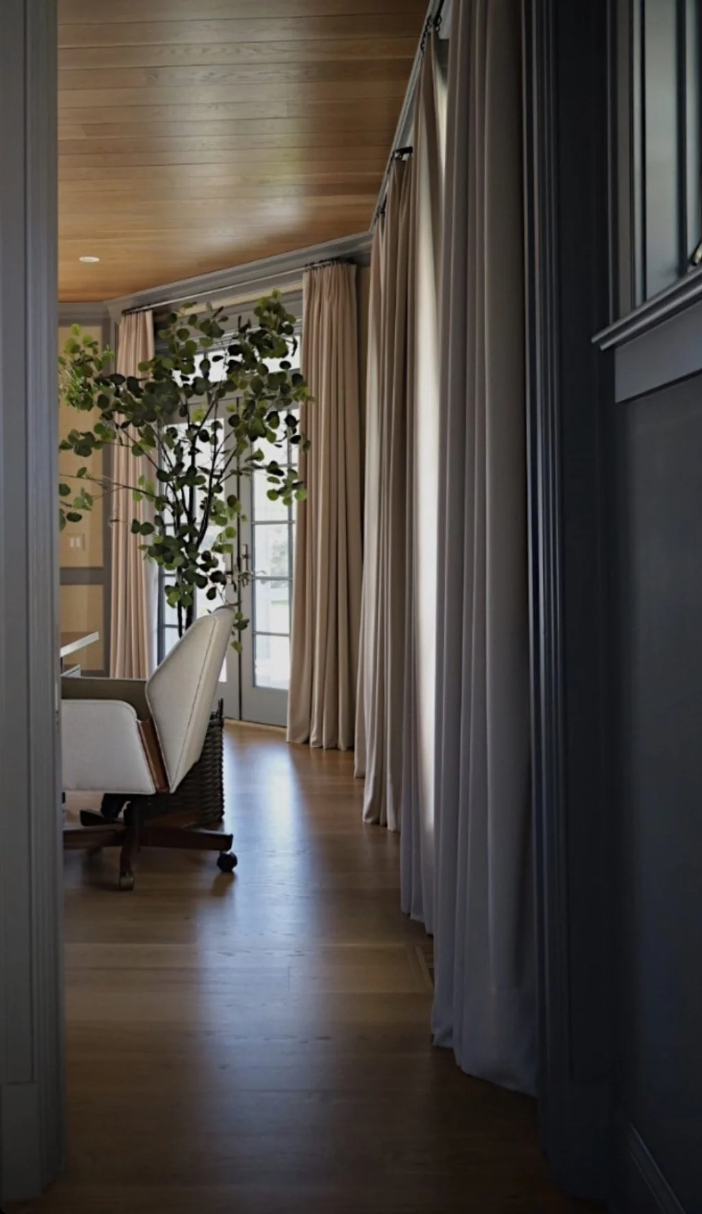 Interior view of a room with wooden floors, cream curtains, a potted plant, and glass doors leading outside.