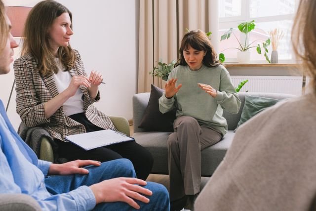4 people in therapy session, mid discussion 