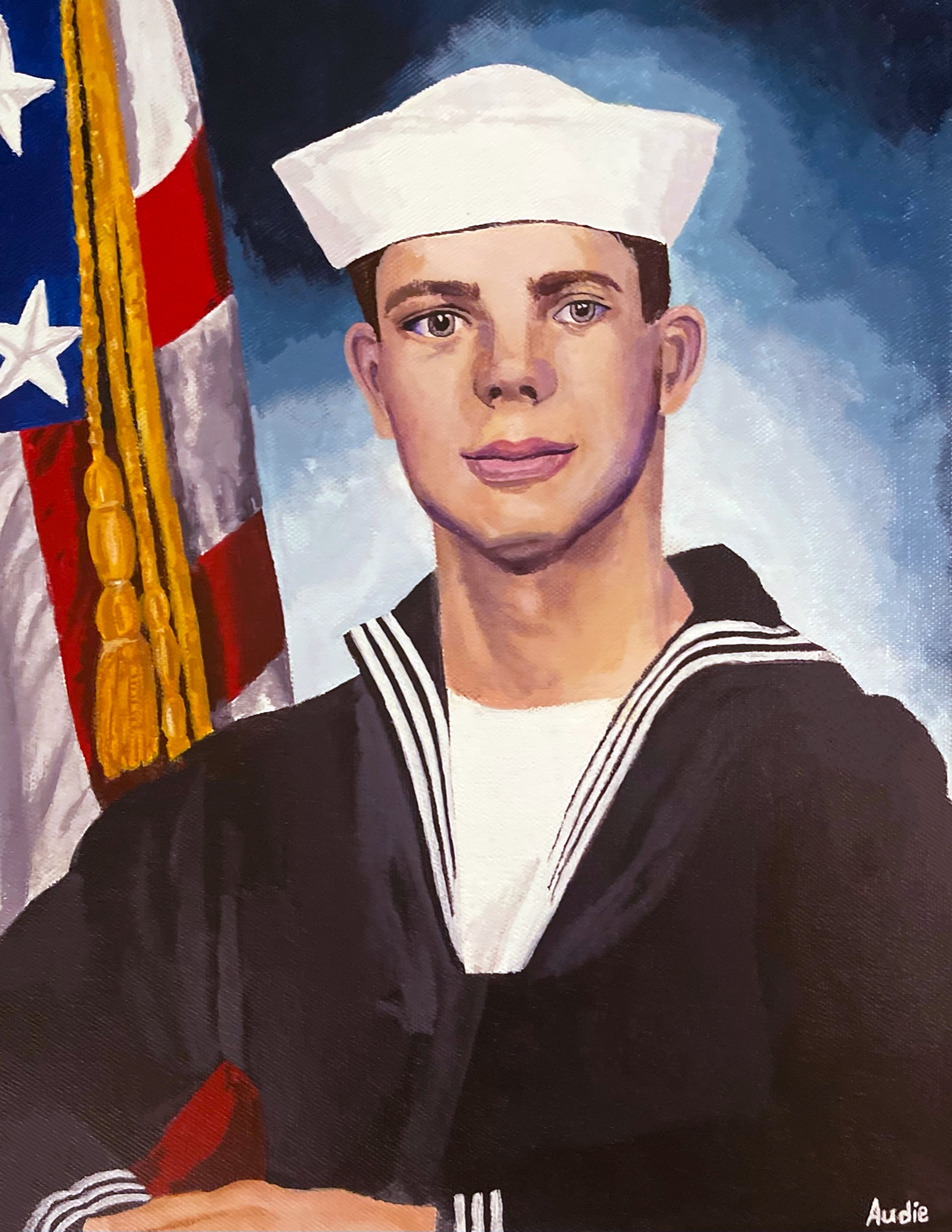 Custom painted portrait of US Navy sailor in dress blues uniform with American flag background, traditional oil painting commissioned military artwork by Art By Audie