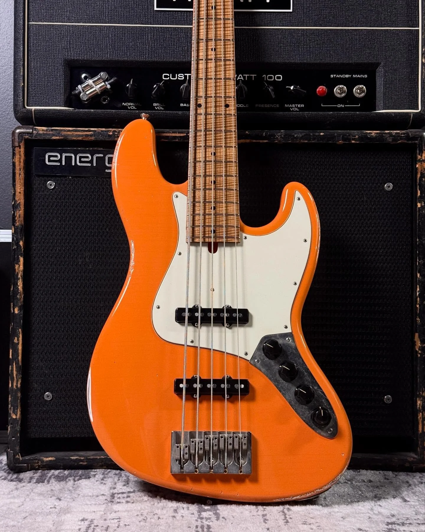 CERTIFIED PREOWNED:  Today we have a very special Heirloom M5V Custom that we nicknamed &ldquo;Dreamsicle&rdquo; 🍦🍦🍊🍊 Heavy Aged Nitrocellulose Finish. Alder Body (Chambered). Master Grade Roasted Flamed Maple Neck and Fretboard. Aged Mint Green 