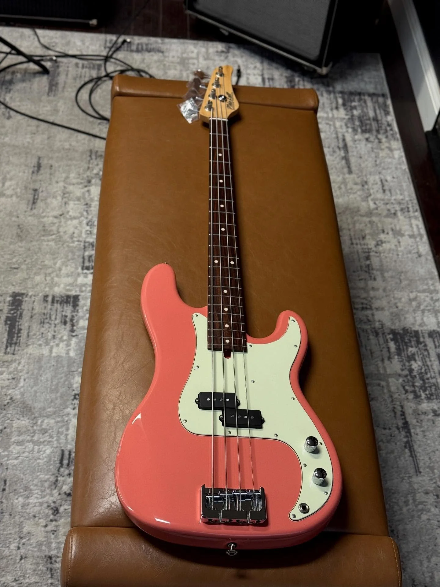 Finishing up a killer Tahitian Coral P4 for showroom stock🔥🔥🔥 Alder Body. Maple Neck. Indian Rosewood Fretboard. Mike Lull P4 Pickup.  Fun little mineral deposit directly in center of neck (it&rsquo;s where the tone resides 😂). It&rsquo;s just do