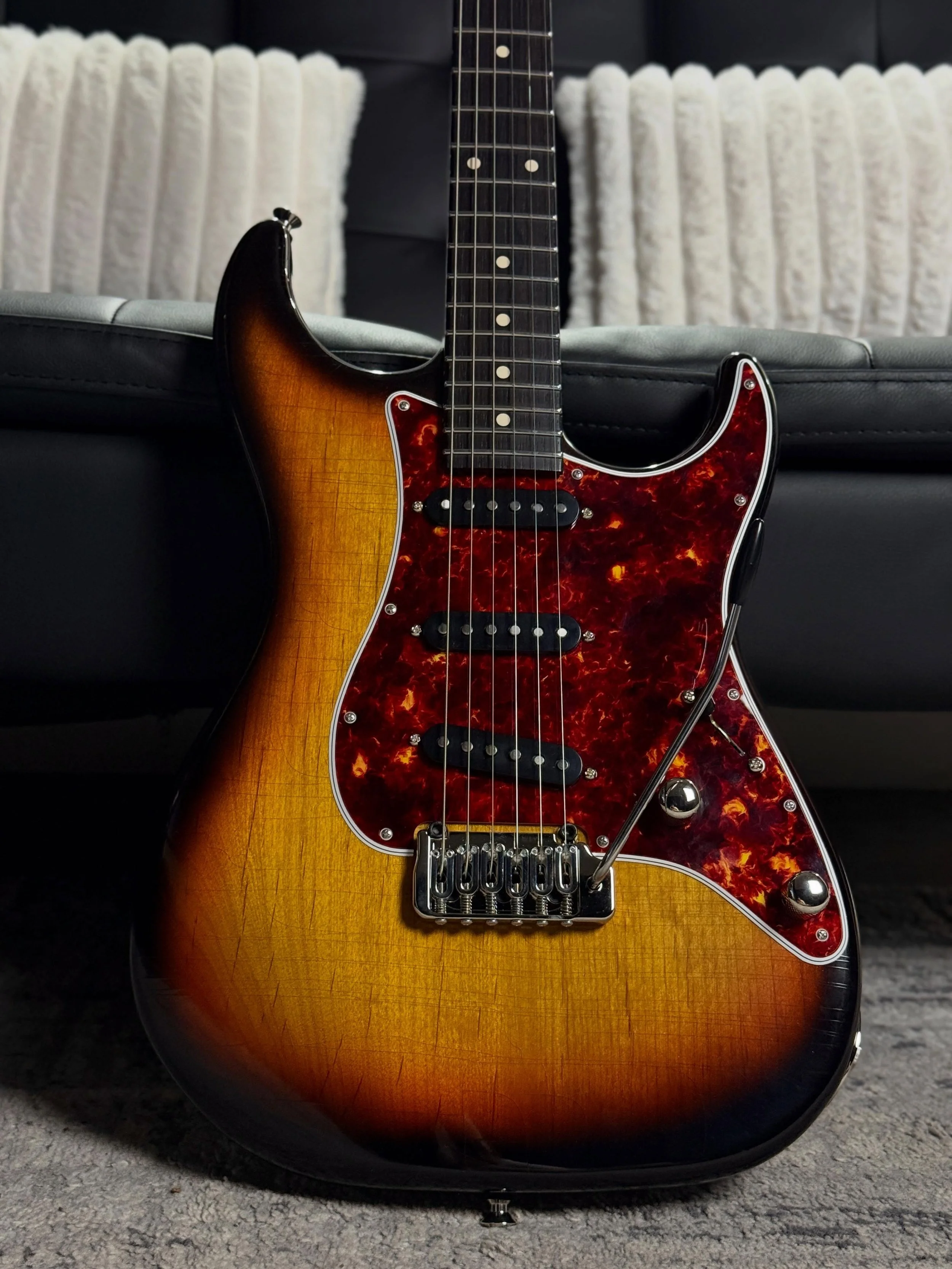 *ONE-OFF* HEIRLOOM SX:  Today we just finished up this Extra-Light Aged Heirloom SX in a classic Three-Tone Sunburst.  Everything about this guitar just rocks. Premium Brazilian Rosewood Fretboard on a Full C Roasted Flamed Maple Neck. Our Hand-Wound