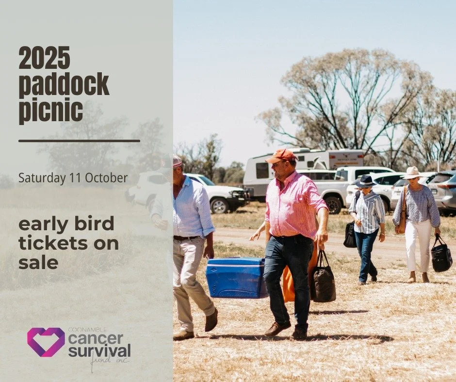 🌾 Tickets are now LIVE!
Join us as we partner with the Coonamble Cancer Survival Fund  for the 2025 Paddock Picnic &mdash; a long lunch with a big heart in the middle of a local paddock.
Tickets include a shared feast, live music, kids&rsquo; activi