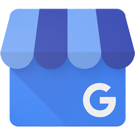 Google My Business logo with a blue storefront awning and a white letter G