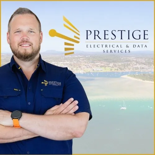 Logo with the text 'PRESTIGE ELECTRICAL AND DATA' and a stylized gold striped design.