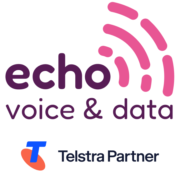 Logo for Echo Voice & Data with a pink and blue color scheme, wireless signal icon, and a T Partner label.