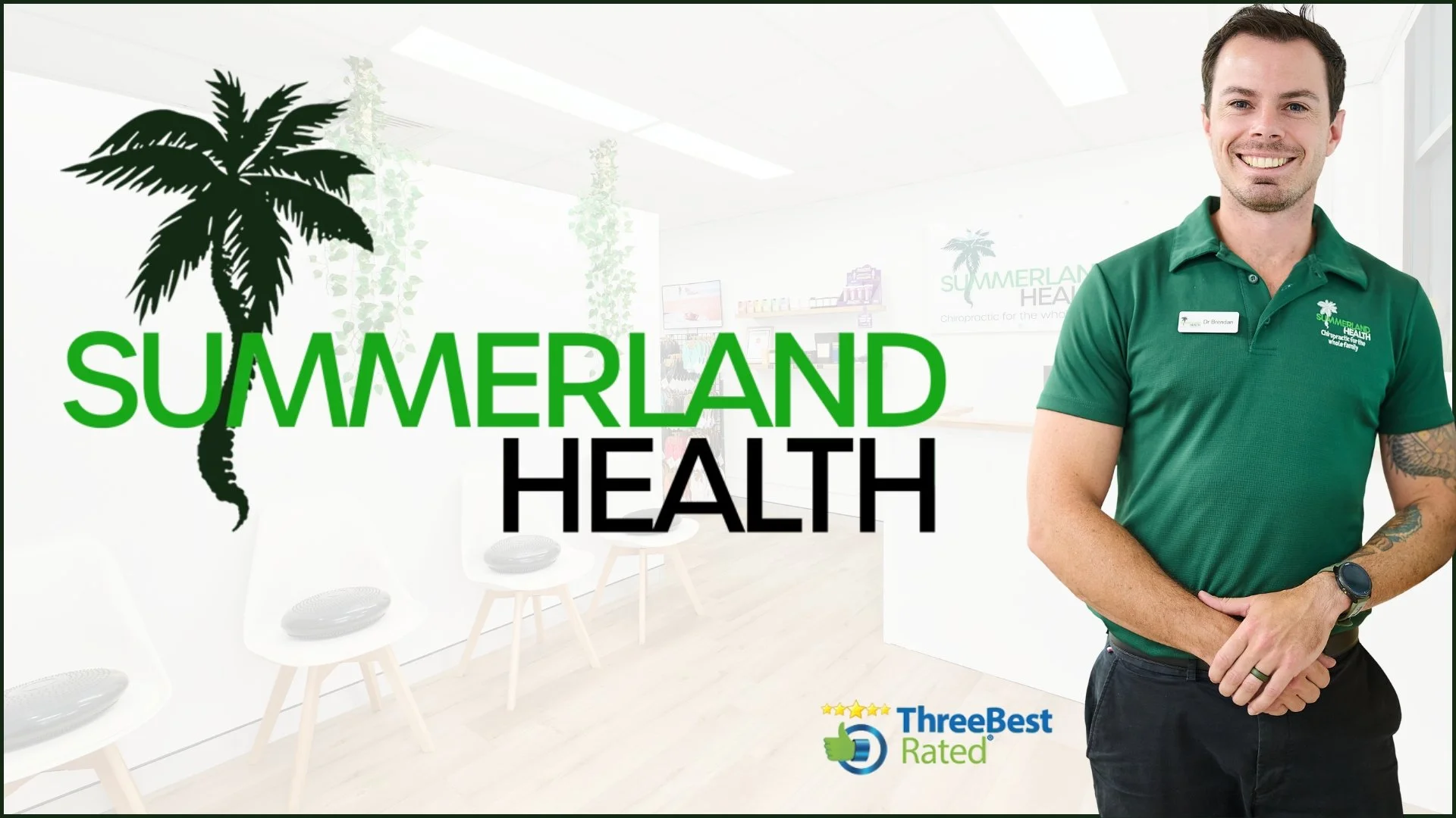 Logo for Summerland Health with a palm tree silhouette on a green background