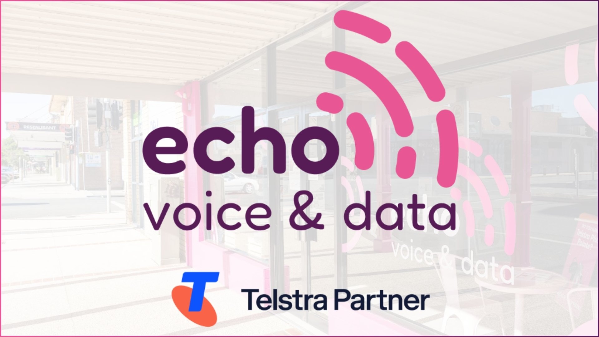 A graphic featuring various pink outlines of electronic devices such as phones, tablets, speakers, and remote controls arranged around the central text. The text reads 'echo Voice & Data' with a logo of T-Partner beneath.