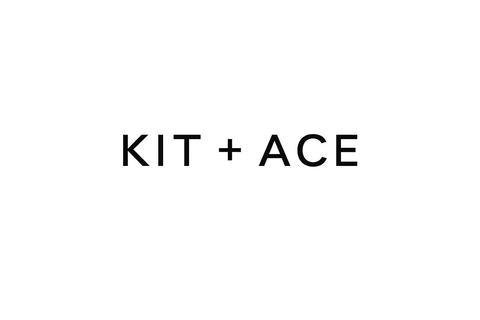 The image shows the words "KIT + ACE" in black letters on a black background, with a minimalistic design.