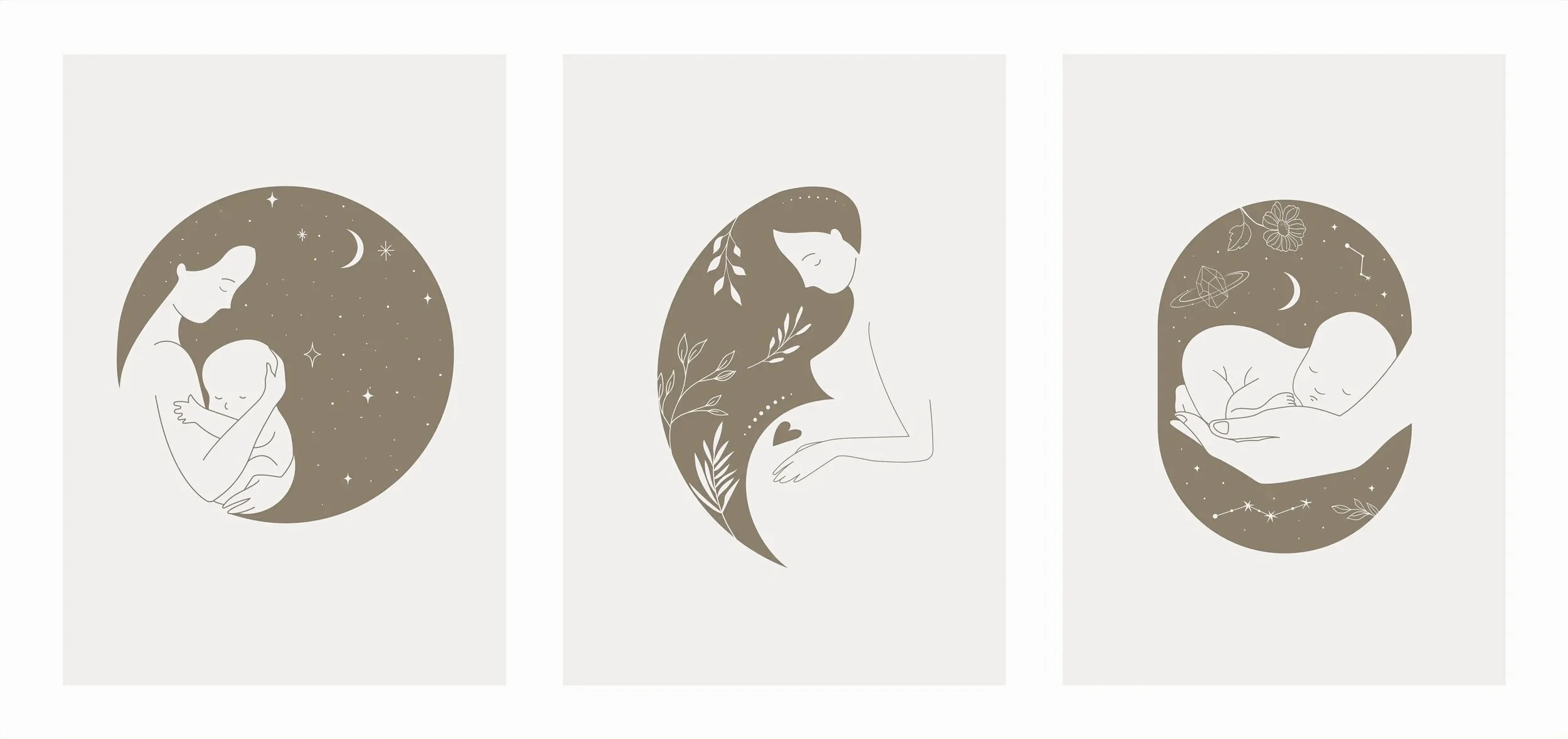 Three minimalist illustrations of mothers with babies, each surrounded by a celestial background. The first shows a mother hugging a baby, the second features a mother with flowing hair and closed eyes, and the third depicts a mother holding a sleeping baby in her hands.