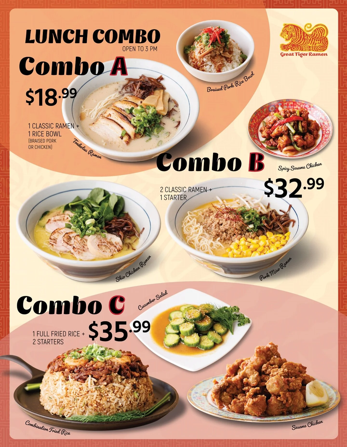 Lunch Combos starting at just $18.99! Available daily until 3PM. 🕒

🍜 Handcrafted broths 72 hours
🥢 Hibachi Fried Rice
📍 4211 E Willow St, Long Beach, CA 90815 ⏰ 11:30 am to 10 pm Everyday

#gtr #greattigerramen #thisisyoursoulfood #yoursoulfood 