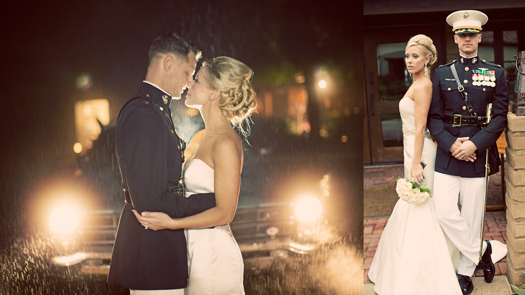 A bride and groom dressed in military uniforms pose for wedding photos, with the bride holding a bouquet of light-colored flowers. The groom wears a dark military uniform with medals and a white hat, while the bride wears a strapless white wedding go