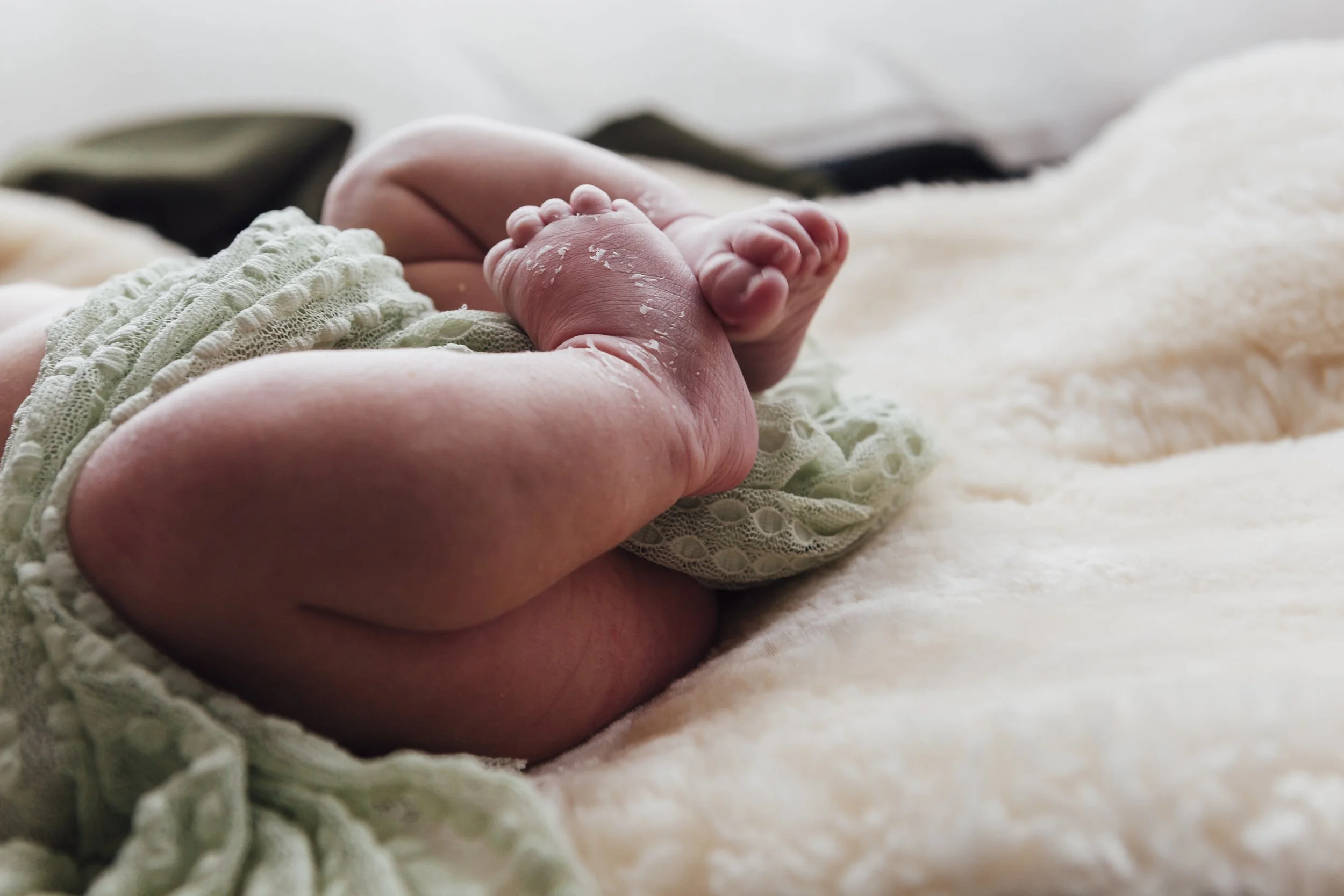 Close-up of a newborn baby's tiny foot resting on a soft blanket, with delicate skin and curled toes.
