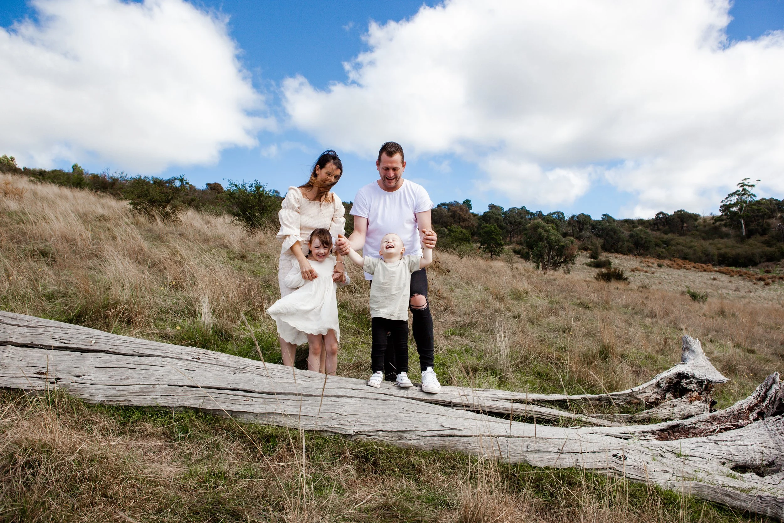 A family of four on a grassy hillside, holding hands and smiling, with a fallen tree in the foreground and a blue sky with clouds above.