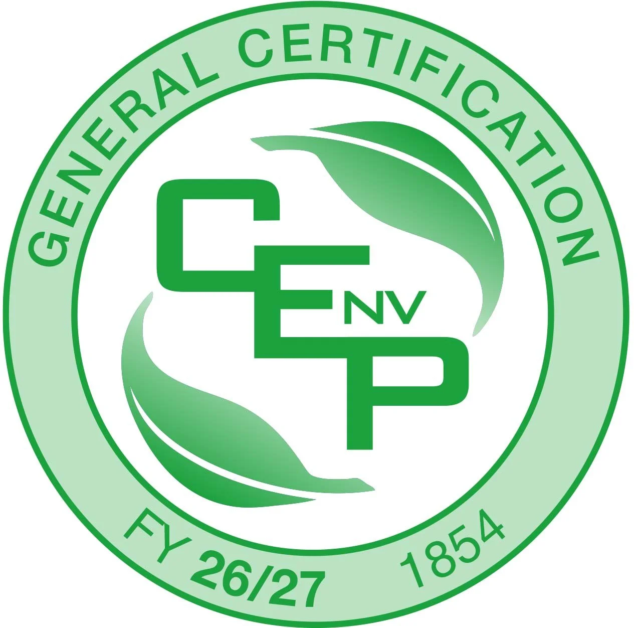 Official certification seal for the Certified Environmental Professional (CEP) program, including the fiscal year 2024/2025, with a green and blue color scheme and the certification number 1854.