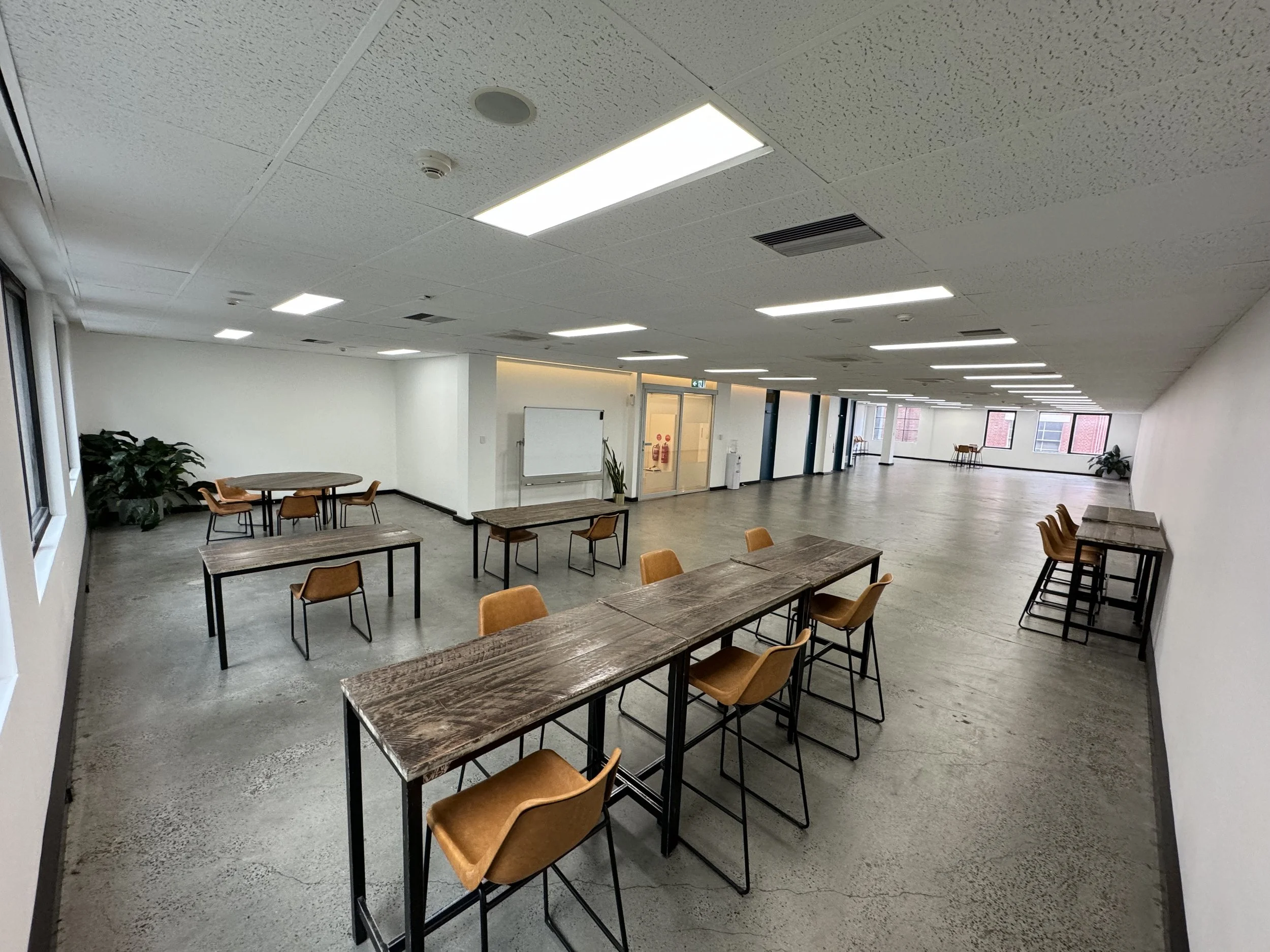 Empty office or conference room with high tables and chairs, plants, windows, ceiling lights, white walls, and a whiteboard.