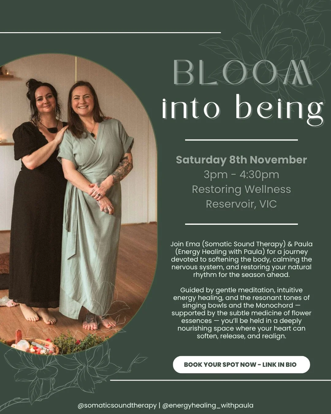 UPDATE: Due to unforeseen circumstances, our Bloom Into Being event has been postponed. The new date is Saturday, 8th November.⁠
⁠
-----------------------------⁠⁠
After the beautiful success of The Sacred Unfolding, Ema &amp; I felt completely in our