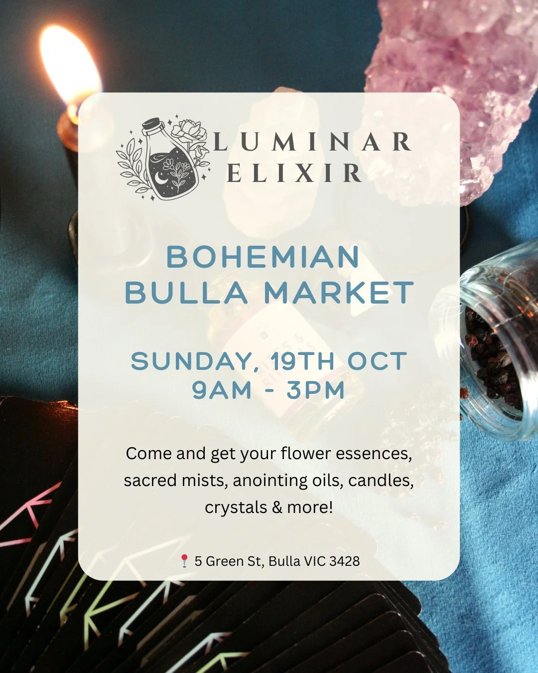 I&rsquo;ll be back at the @bohemian_bulla_market this Sunday, bringing my flower essence collections and a few new ritual treasures to spark your soul!⁠
⁠
I&rsquo;ll be showcasing one of my Divine Harmony Essences for you to experience in person! A c