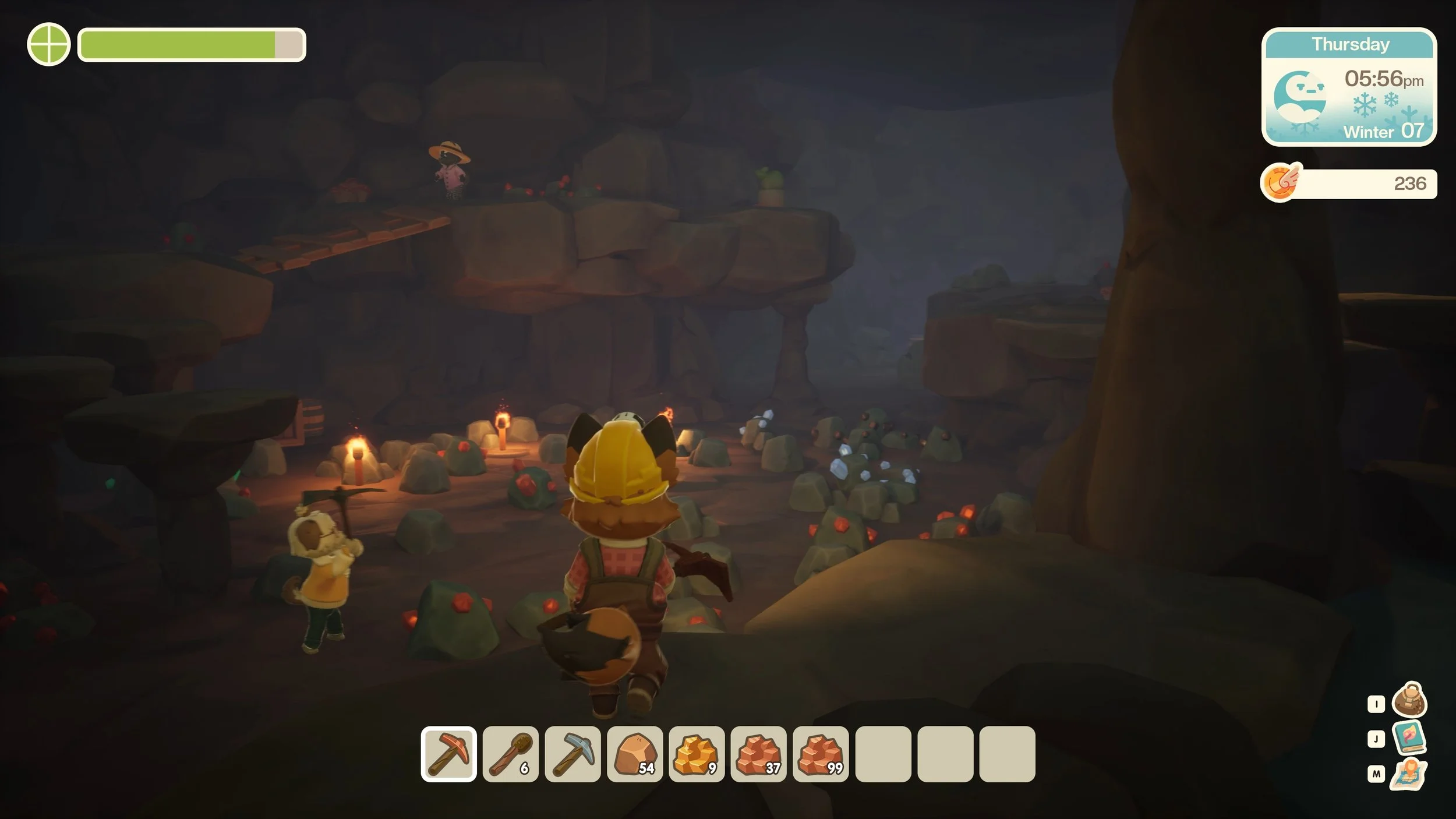 Everbloom showing cave exploration and resource gathering on PC