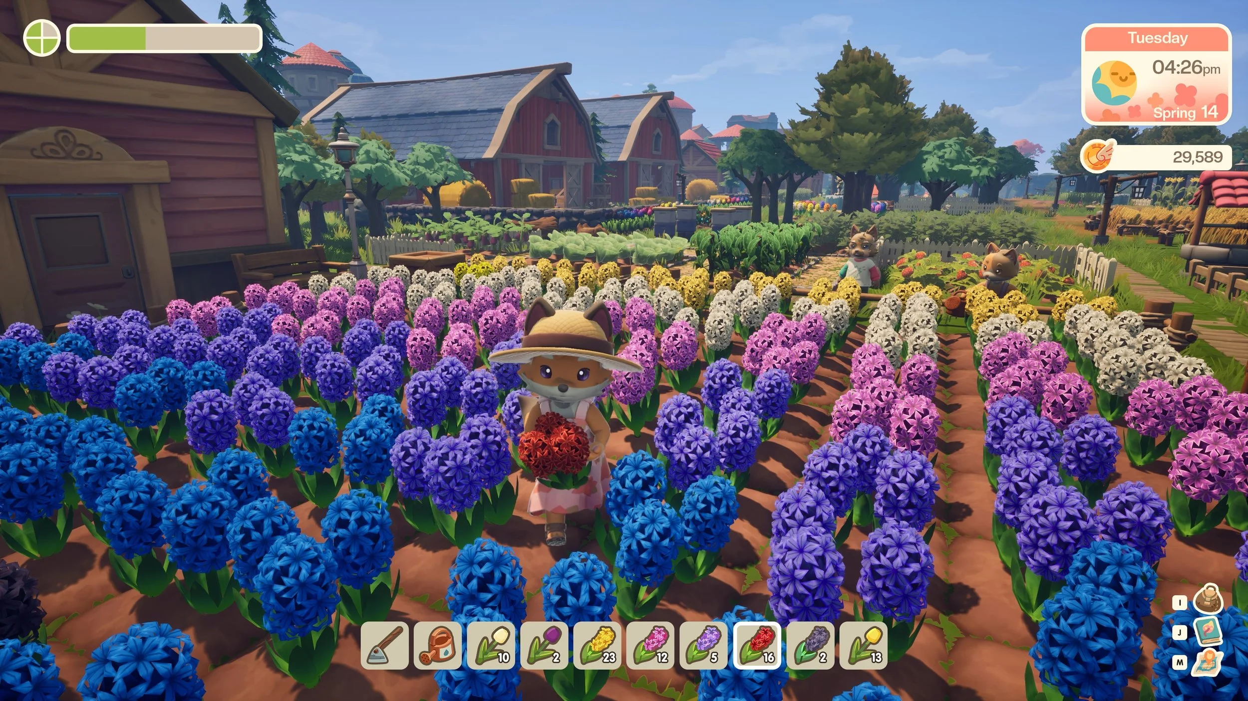 Everbloom showing a large flower field and homestead customization on PC