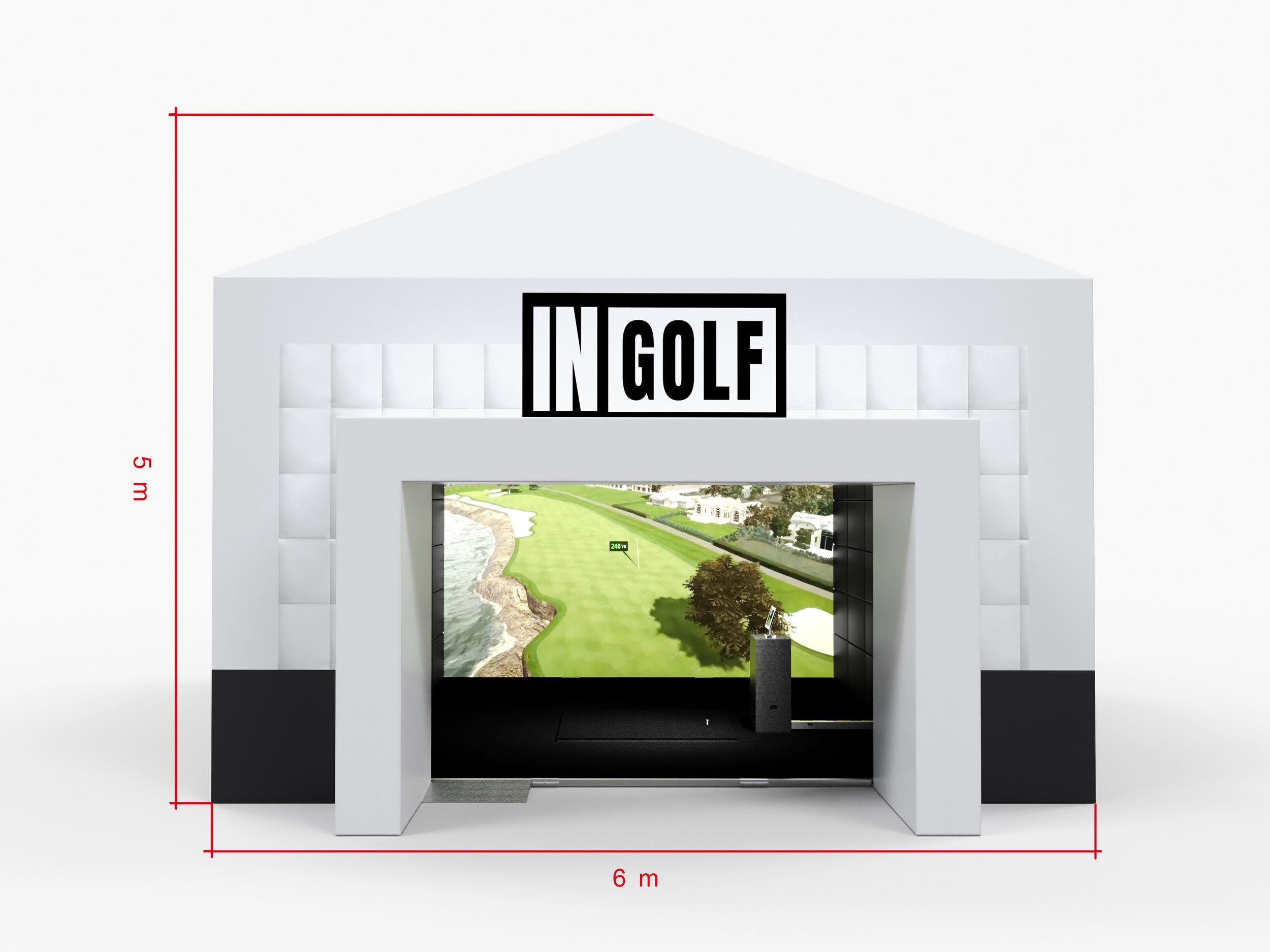 Vista frontal del modelo INgolf CLUB premium con simulador de golf integrado para eventos corporativos y activaciones de marca.