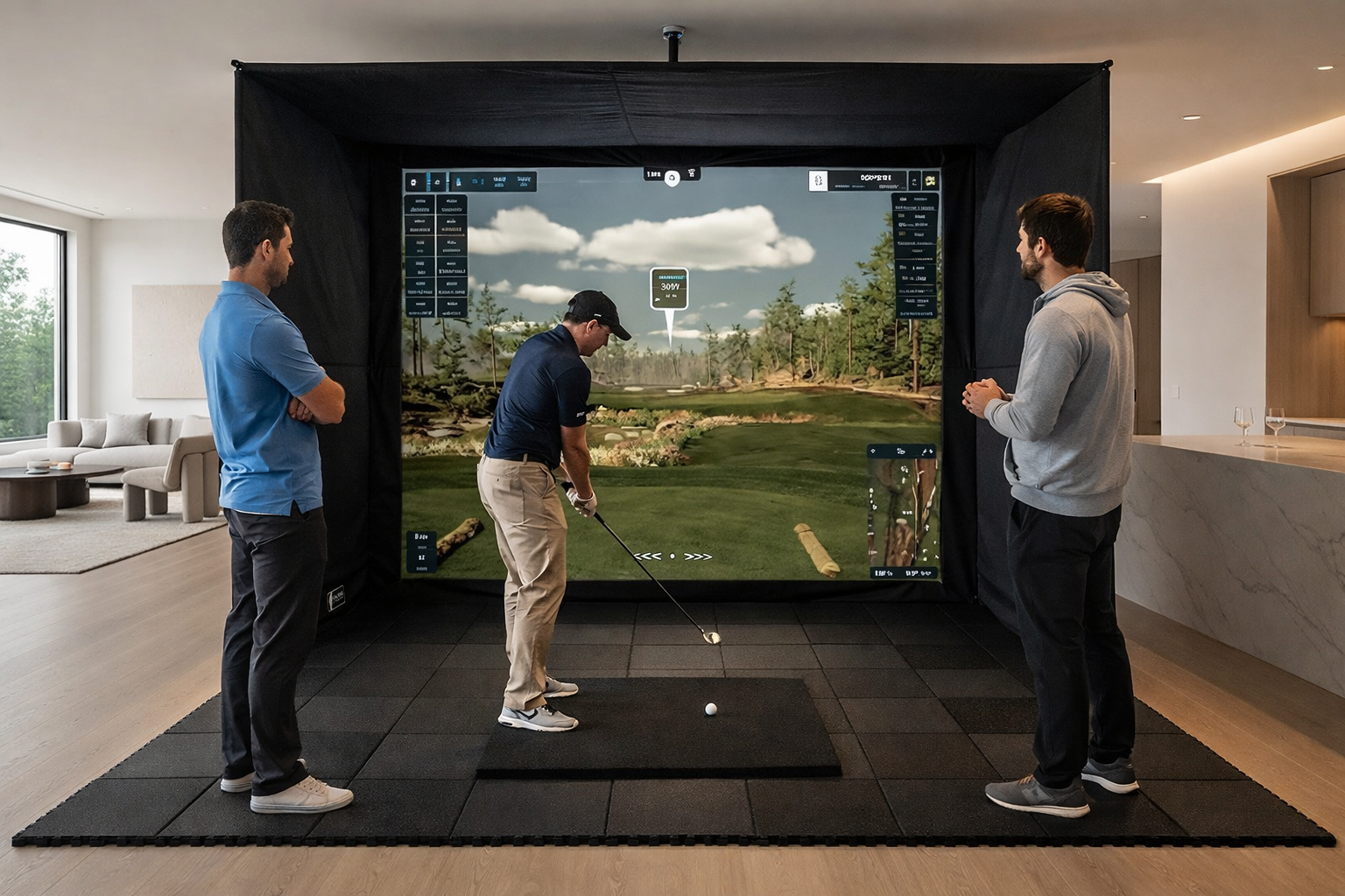 Simulador de golf INgolf instalado en interior con losetas negras; un jugador golpea mientras dos invitados observan.