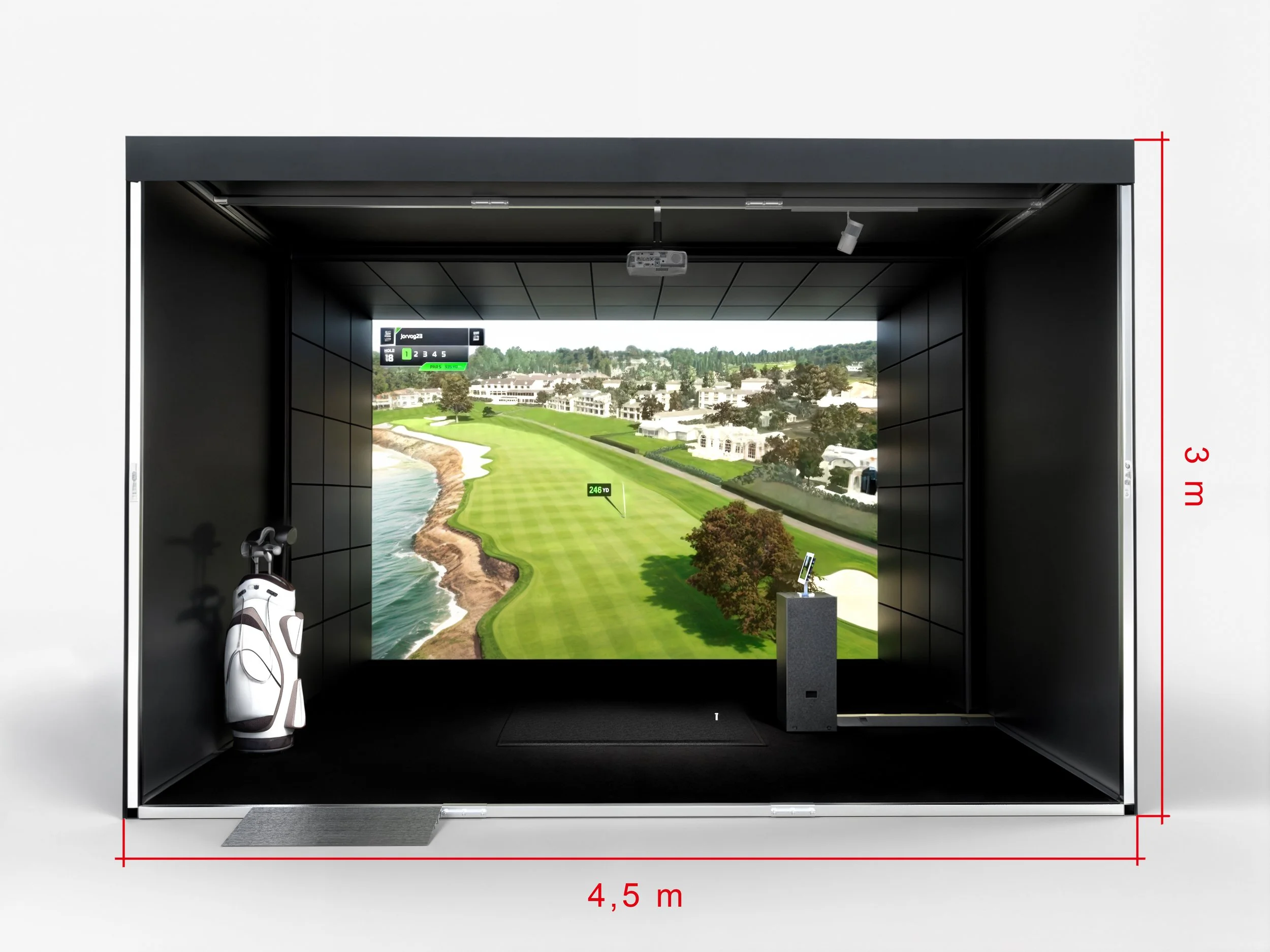 Modelo INgolf CLUB, simulador de golf premium para eventos corporativos con estructura de 4,5 m de ancho y 3 m de alto.