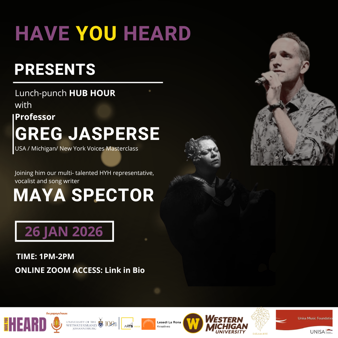 Event poster advertising a virtual music masterclass on January 26, 2026, featuring Professor Greg Jaspere and Maya Spector, hosted by Have You Heard with a Zoom link in bio. The poster includes photographs of the speakers and logos of collaborating institutions.