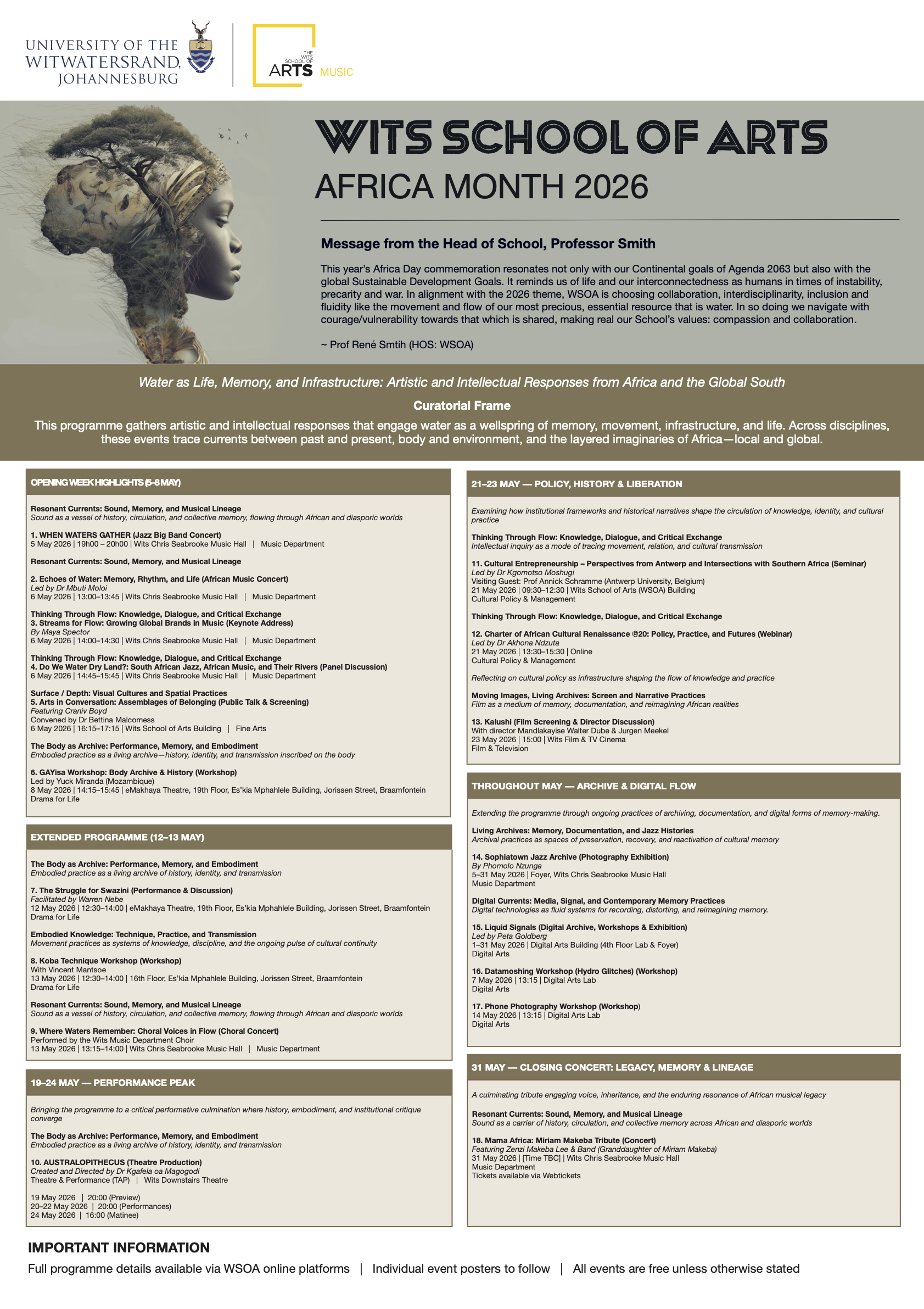 Poster for WITS School of Arts Africa Month 2026 event, featuring a woman's profile with a double exposure of a tree, animal face, and natural elements, alongside details of the event schedule and themes.