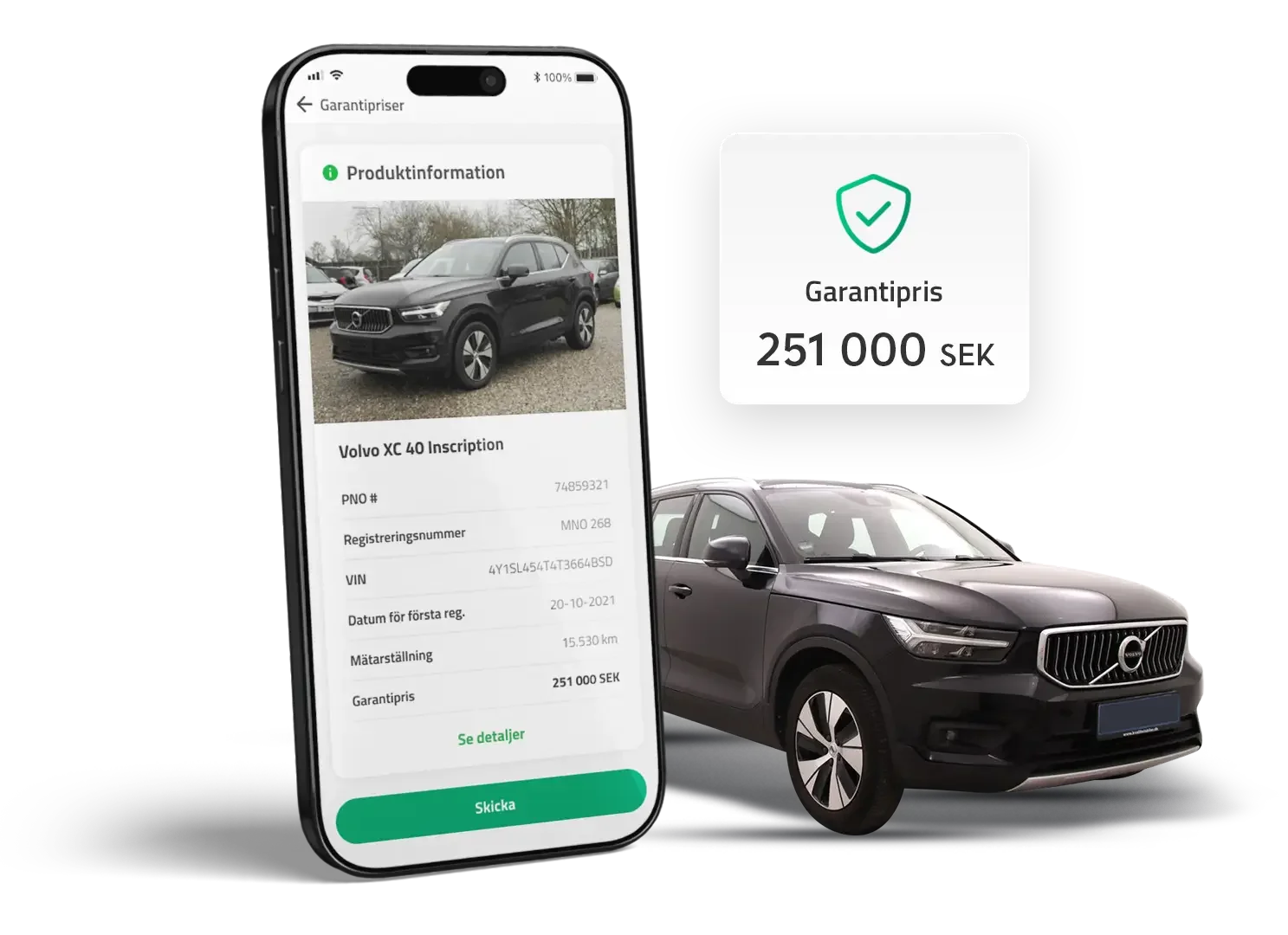 Mobilvy av Volvo XC40 med garantipris och fordonsinformation i AutoProff