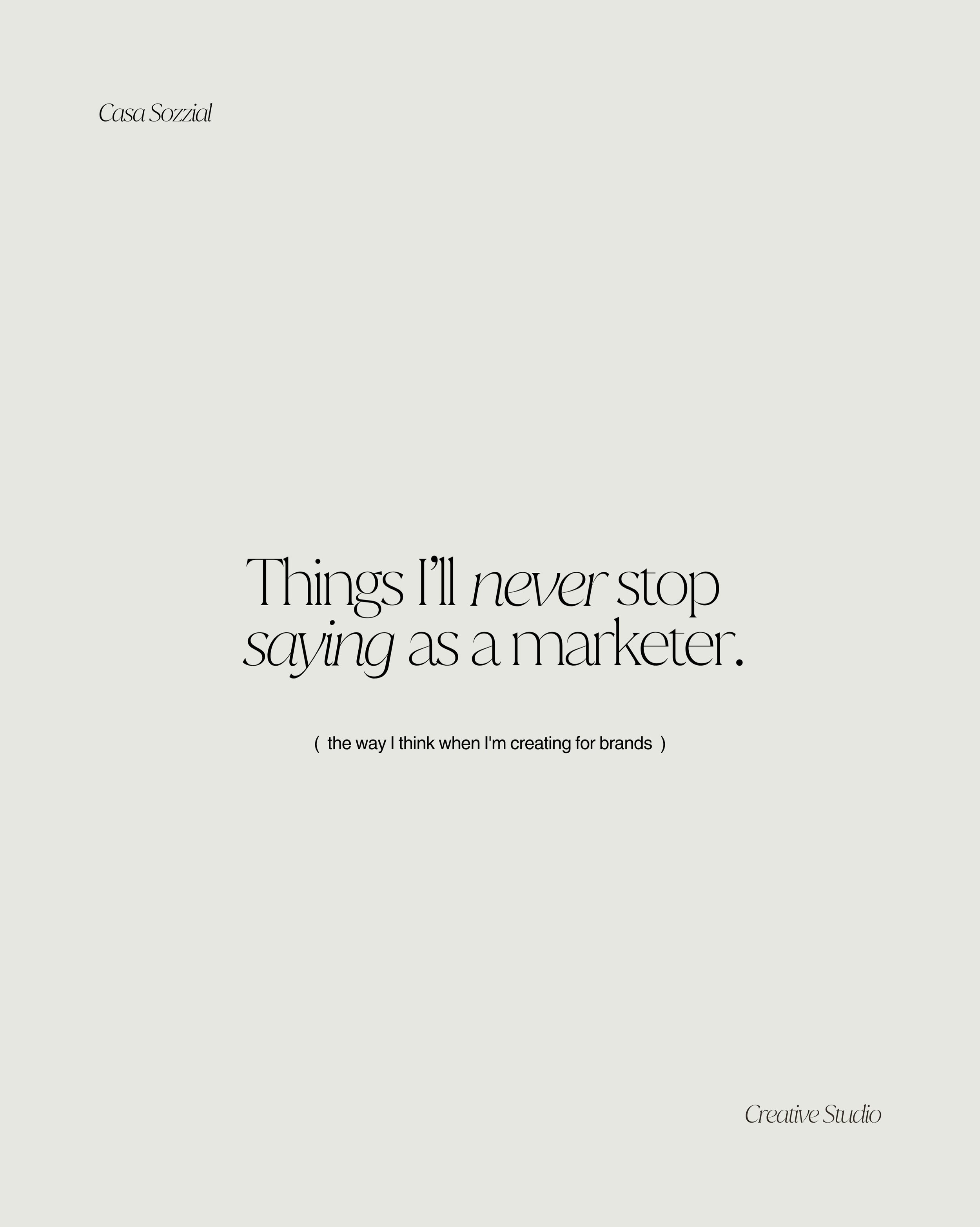 A few things I&rsquo;ll probably never change my mind on.

~ People don&rsquo;t fall in love with products. They remember how something made them feel.
~ Marketing doesn&rsquo;t need to be complicated.
~ Clarity will always outlast perfection.

Every