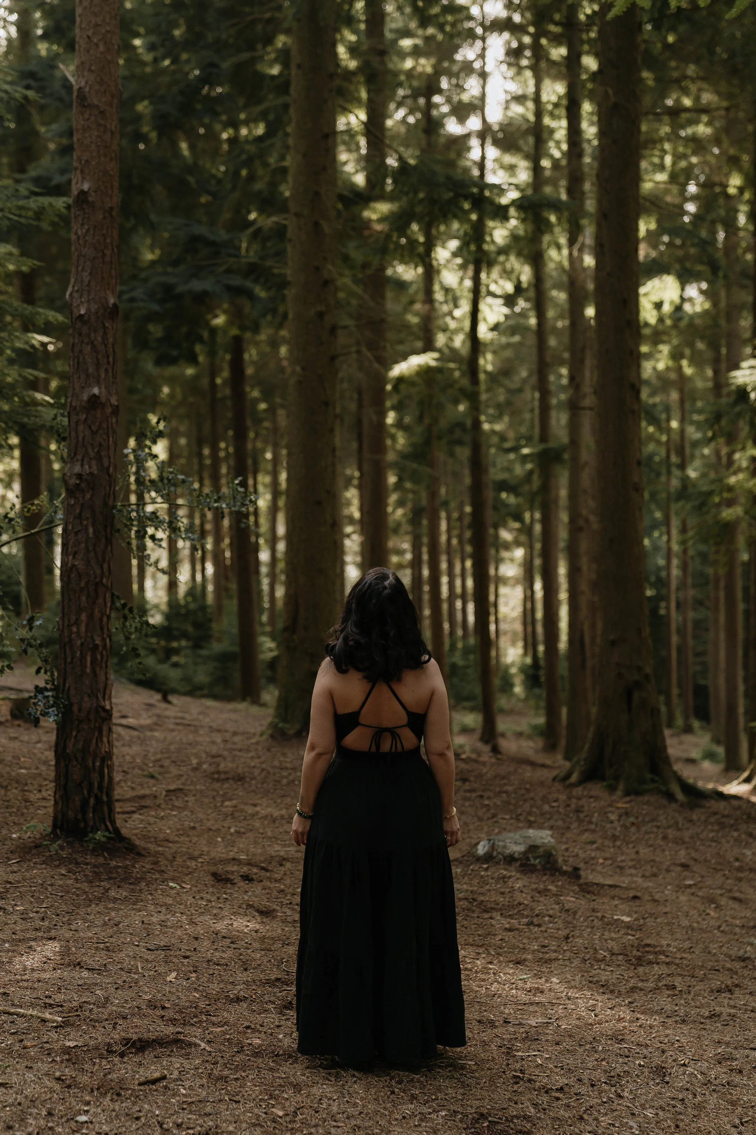 A woman with dark hair in a black dress stands with her back to the camera in a forest with tall trees and sunlight filtering through the leaves.