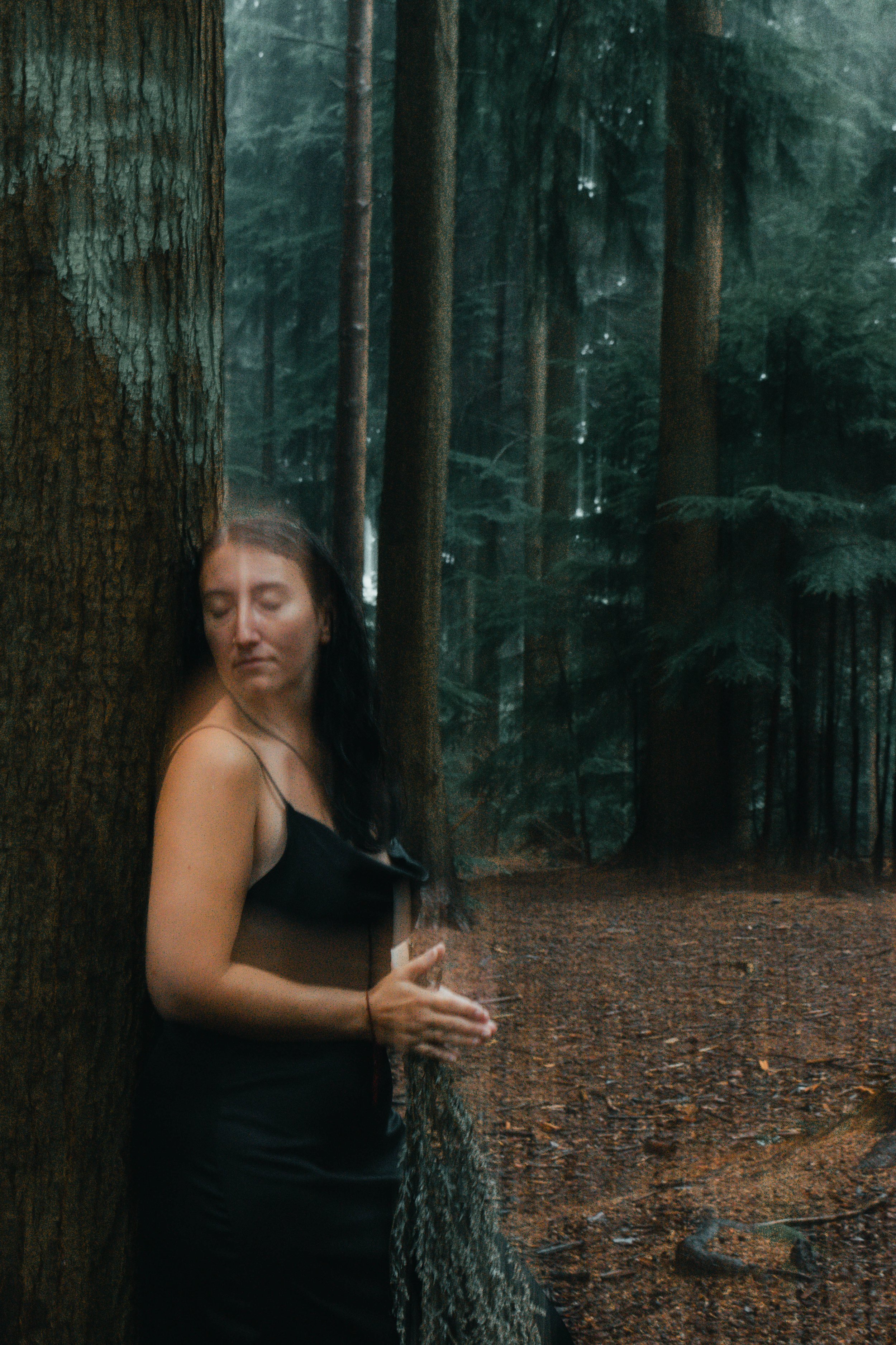 A woman with dark hair in a black dress leaning against a large tree in a forest.