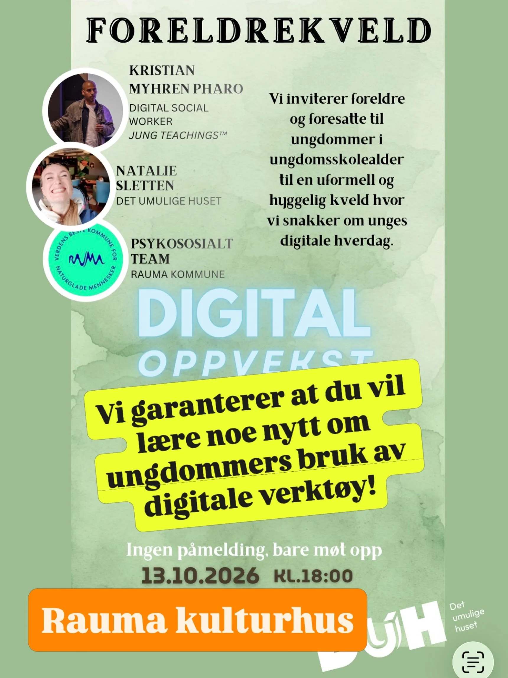 I kveld - Kl. 18:00 - Rauma kulturhus

Vi kan nesten garantere at du denne kvelden vil l&aelig;re noe nytt om hvordan ungdom bruker digitale verkt&oslash;y! 

Kvelden er et samarbeid mellom Jung Teachings, Det Umulige Huset og Psykososialt Team.