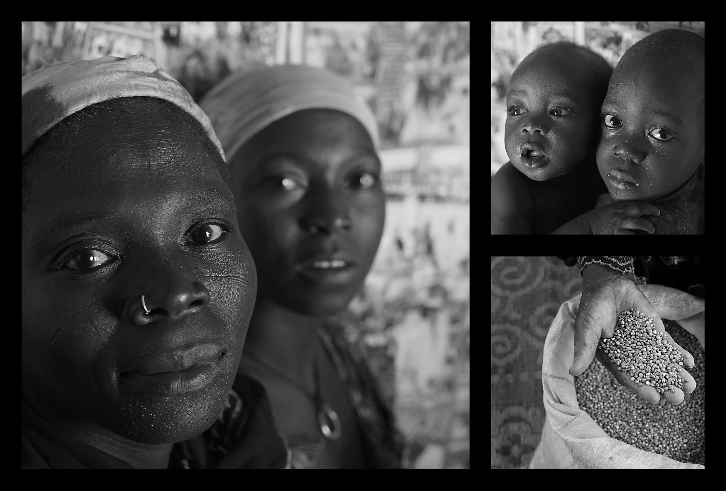 Clockwise from left: Sakina Moudi (left), 30, and Halima Abdou, 25. Their children Kassoumou (right), 4, and Massaoudou, 10 months. Sakina takes sorghum out of a sack at her home in Saran Maradi, Niger. (Photo: Rodrigo Ordonez/CARE)

Halima Abdou has