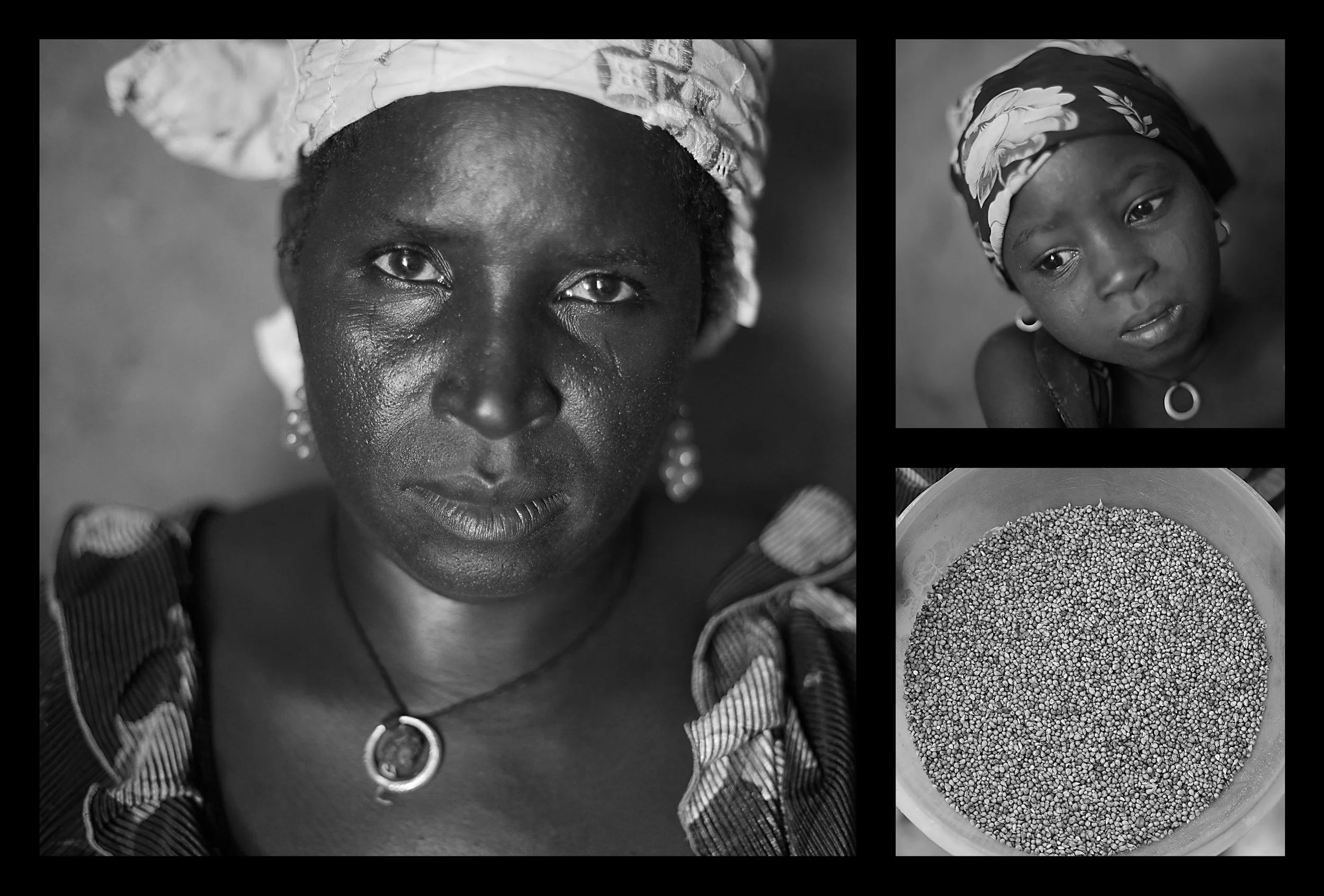 Clockwise from left: Sahara Mahama, 40. Her daughter Mariama, 4. A bucket of millet at Sahara's home in Saran Maradi, Niger. (Photo: Rodrigo Ordonez/CARE)

Sahara Mahama has seven sons and a daughter. She lost four other children; one of them was onl