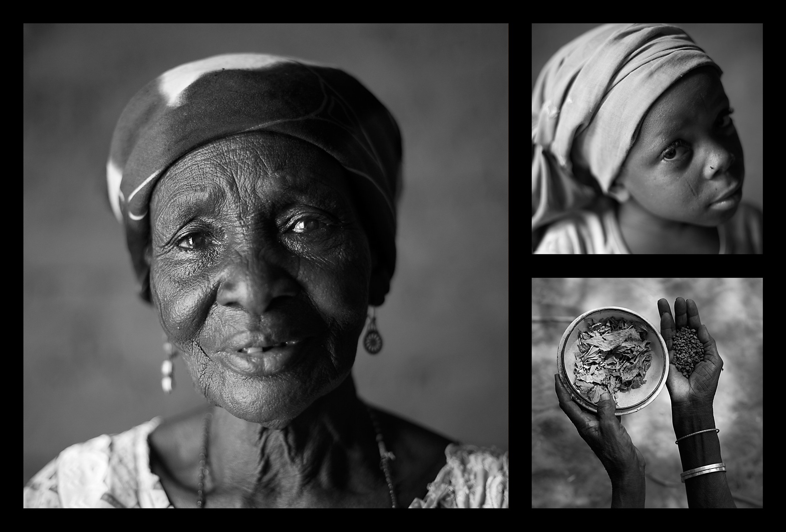 Clockwise from left: Delou Ibrahim, 70. Her granddaughter Latifa, 8. Delou's hands hold sorrel leaves, used as a condiment, and grains of sorghum at her home in Saran Maradi, Niger. (Photo: Rodrigo Ordonez/CARE)

Delou Ibrahim has four children and s
