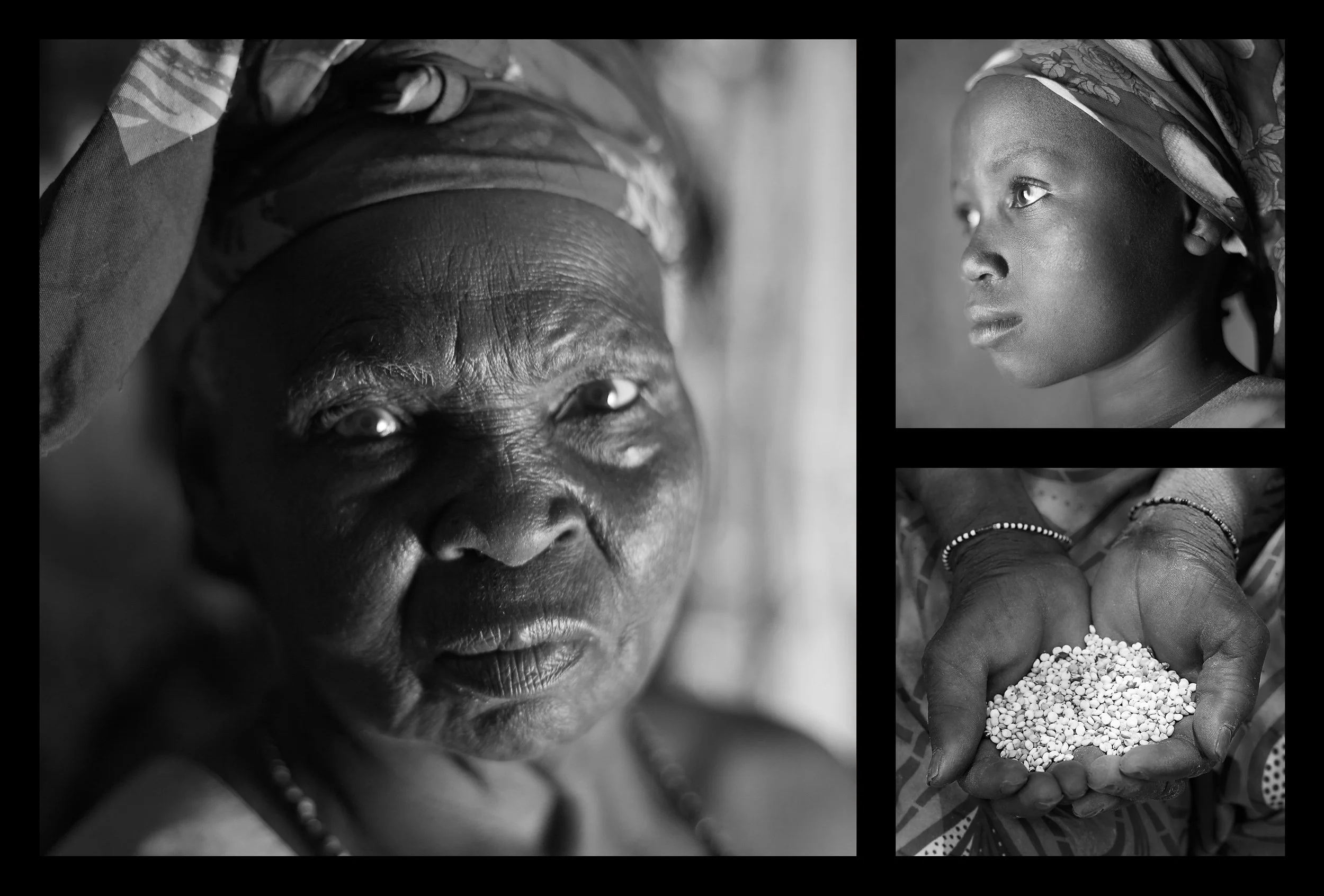 Clockwise from left: Maka Ali, 80. Her granddaughter Maria, 10. Maka's hands hold sorghum at her home in Saran Maradi, Niger. (Photo: Rodrigo Ordonez/CARE)

Maka Ali has been a widow for twenty years. She has eight children and about twenty grandchil