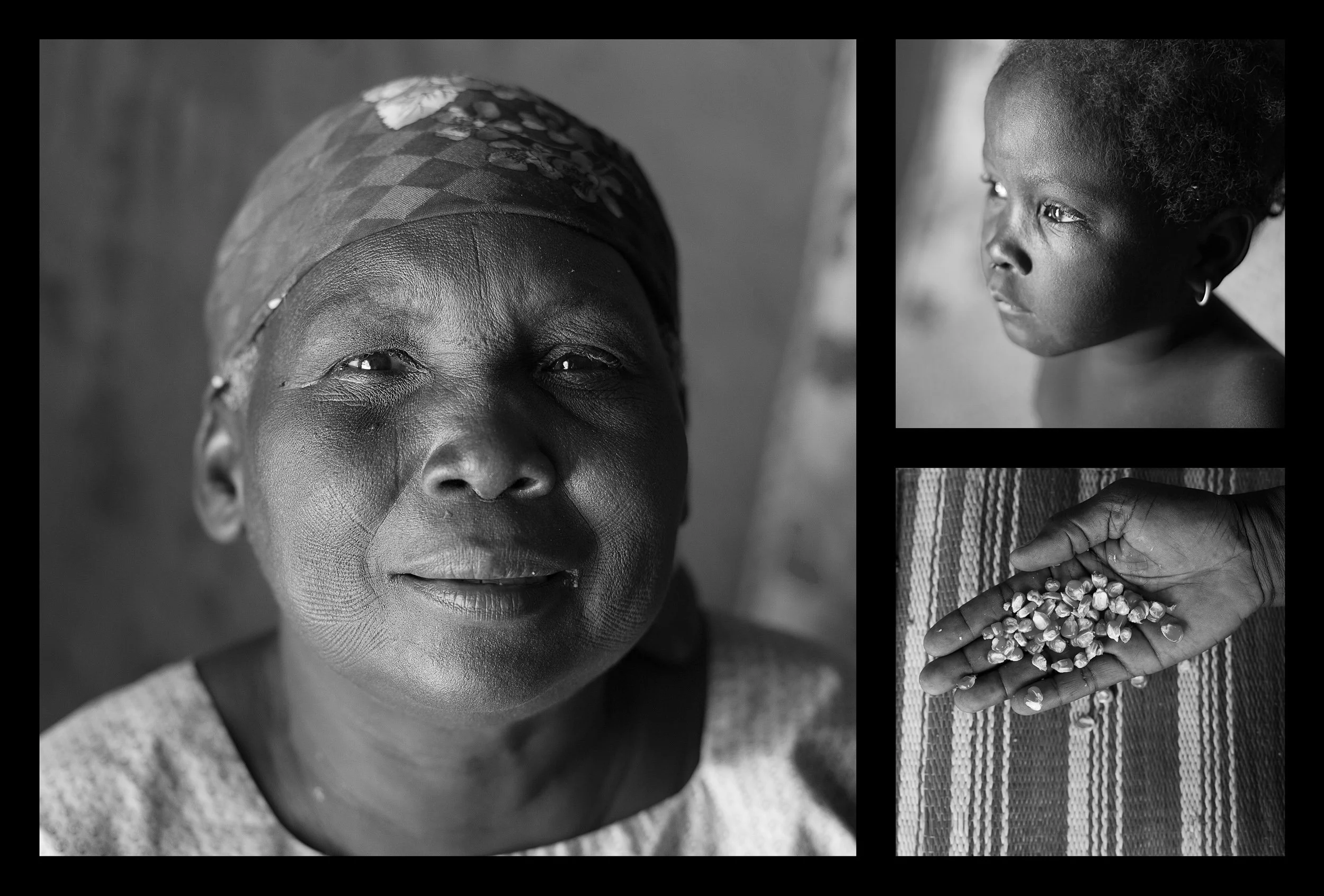 Clockwise from left: Mariama Oumarou, 55. Her granddaughter Rakia, 4. A hand holds grains of corn in Mariama's home in Saran Maradi, Niger. (Photo: Rodrigo Ordonez/CARE)

Mariama Oumarou has ten children and three grandchildren. Through the years she