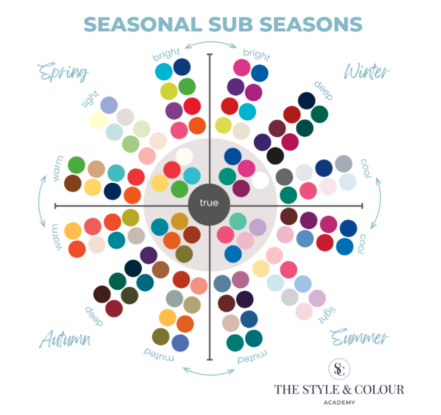 A seasonal color analysis chart showing Spring, Summer, Autumn, and Winter sub-seasons with labeled attributes like light, deep, warm, cool, bright, and muted, along with sample colour palettes.