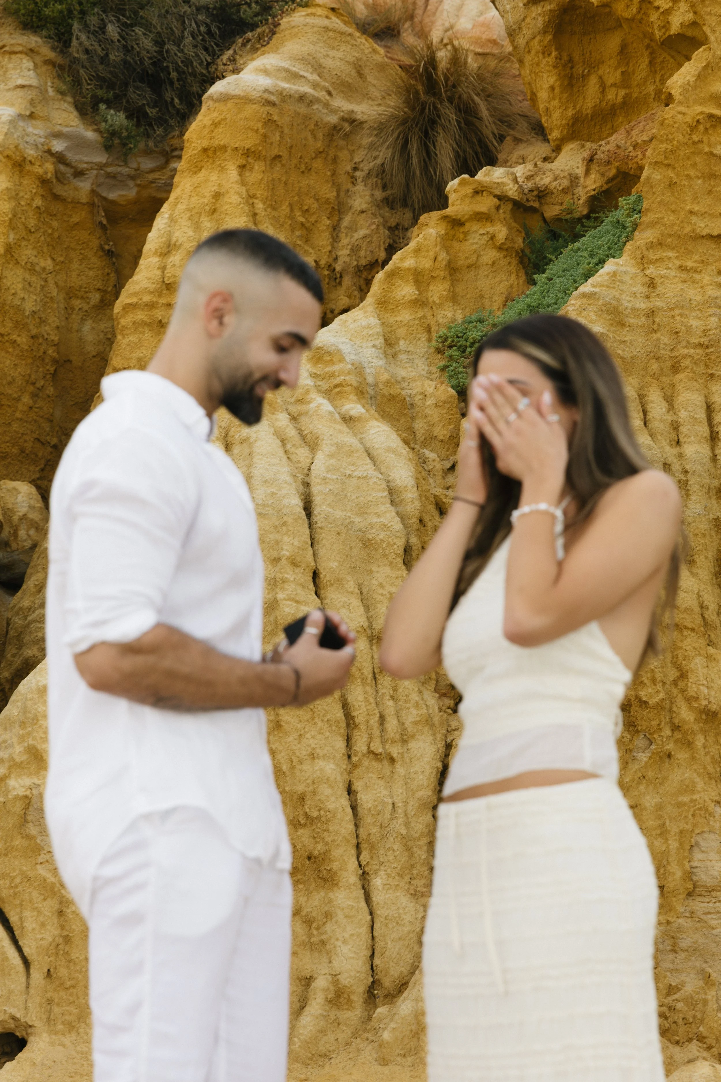 A man is presenting a ring to a woman who is covering her face with her hands, standing in front of rocky, desert-like terrain.