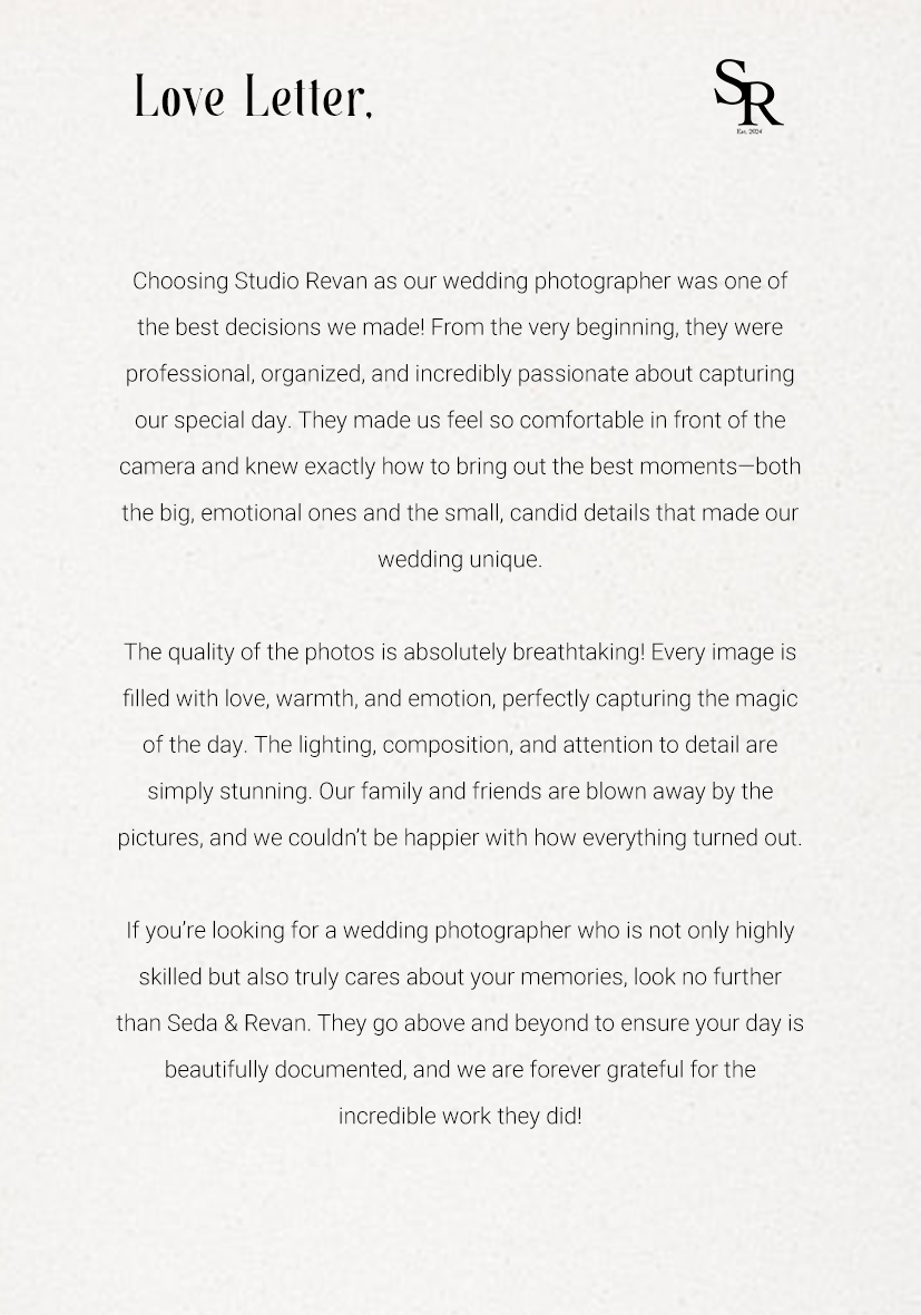 A wedding love letter from Eylul & Omer, praising Studio Revan for their professional and passionate photography, highlighting the quality and emotional capture of their wedding photos.