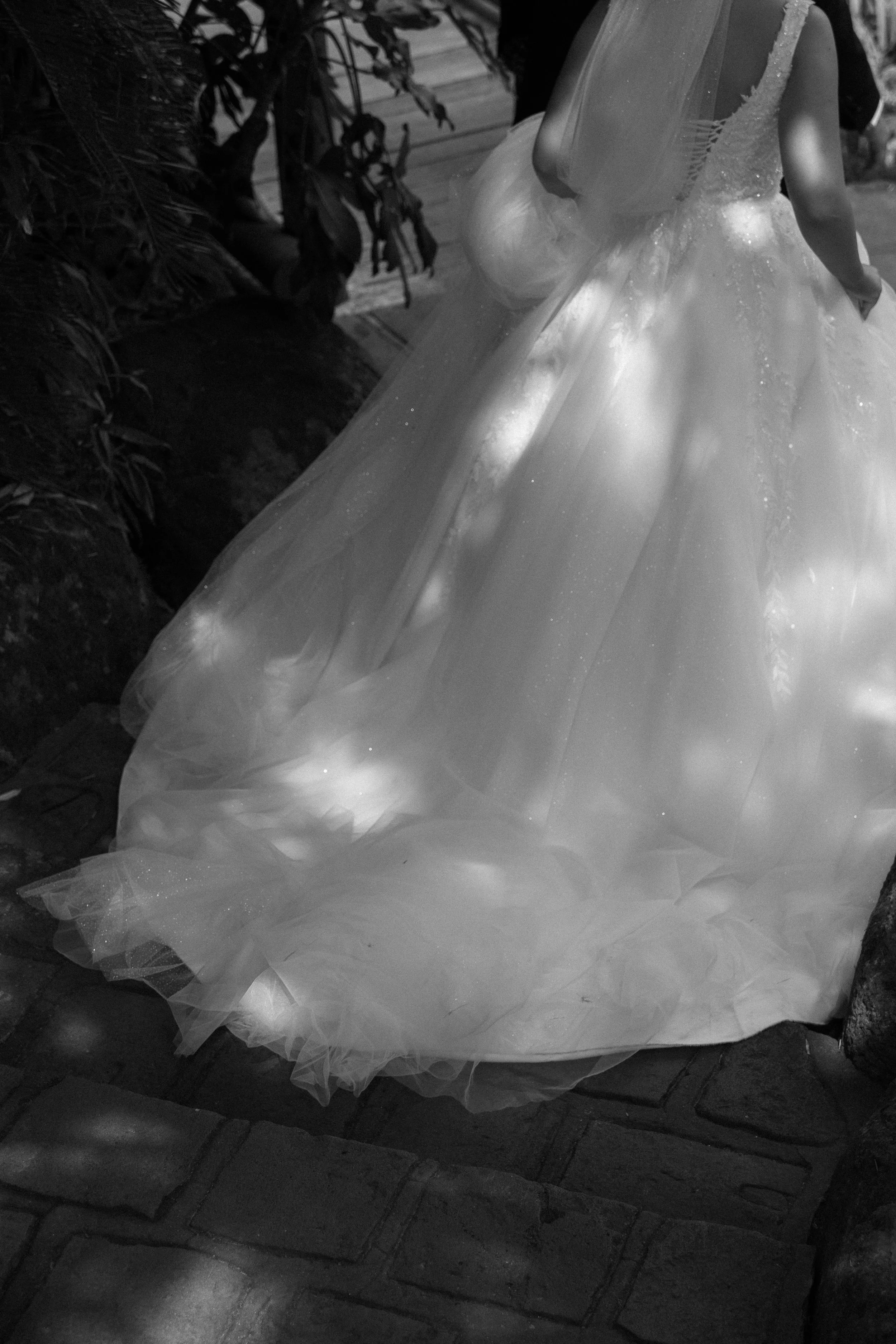 A black and white photo of a wedding dress displayed outdoors, with a full tulle skirt and a strapless bodice, surrounded by rocks and foliage.