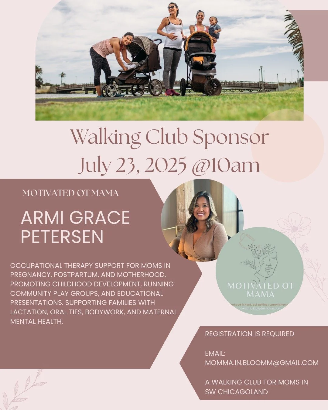 🌸Our very first Walking Club Sponsor🌸

Join us on Wednesday, July 23 at 10am for an educational walk &amp; talk with Armi Grace @motivatedotmama ! Not only is this a mama to three little's, she's here to offer well rounded care to mom &amp; baby th