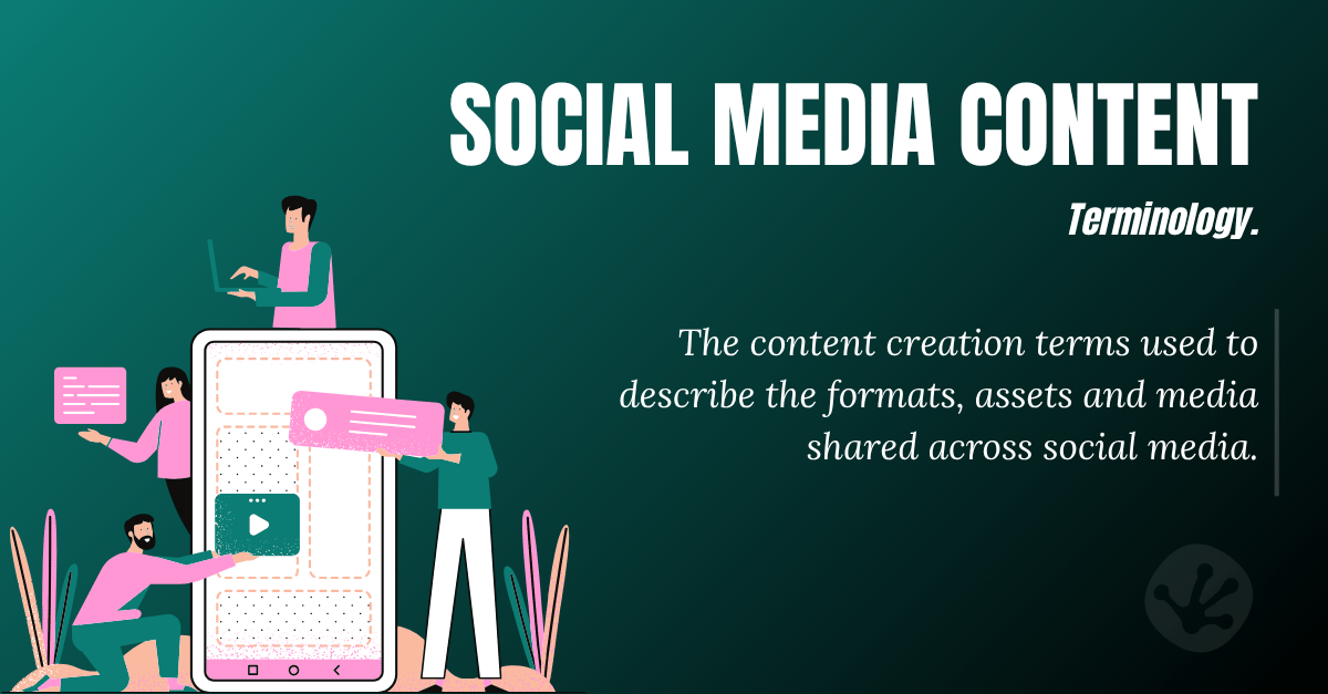 Illustration of social media content creation, showing a smartphone with posts, video content and creative assets being developed for social platforms.