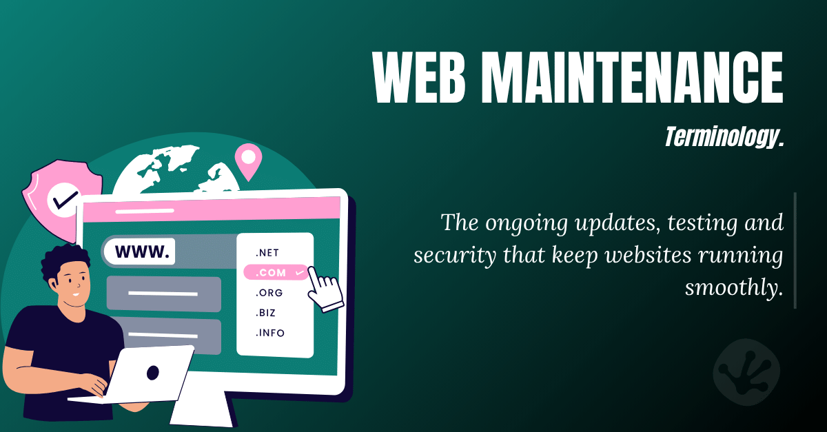 Illustration explaining website maintenance terminology, including website updates, security, domain management and ongoing website support.